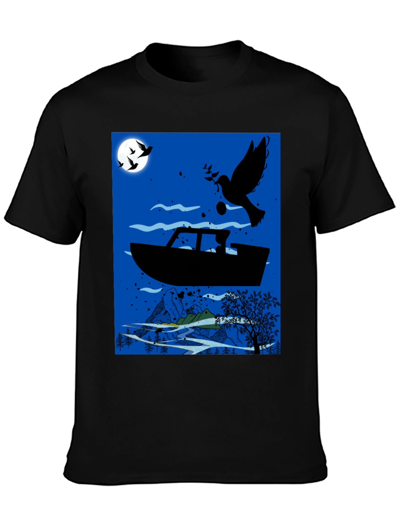 Peace Dove Boat Graphic Tee - Black Cotton Blend