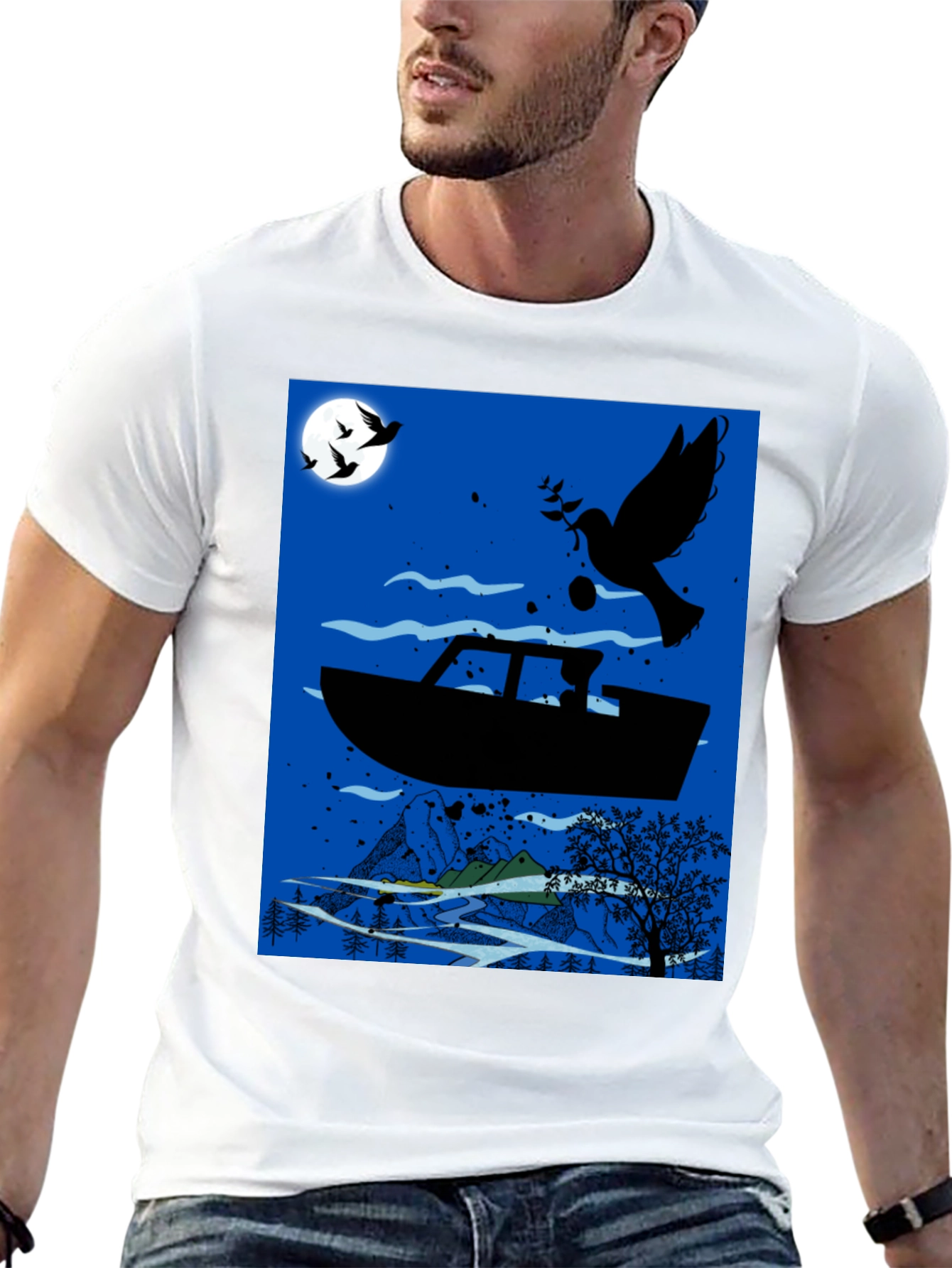 Peace Dove Boat Graphic Tee - Black Cotton Blend