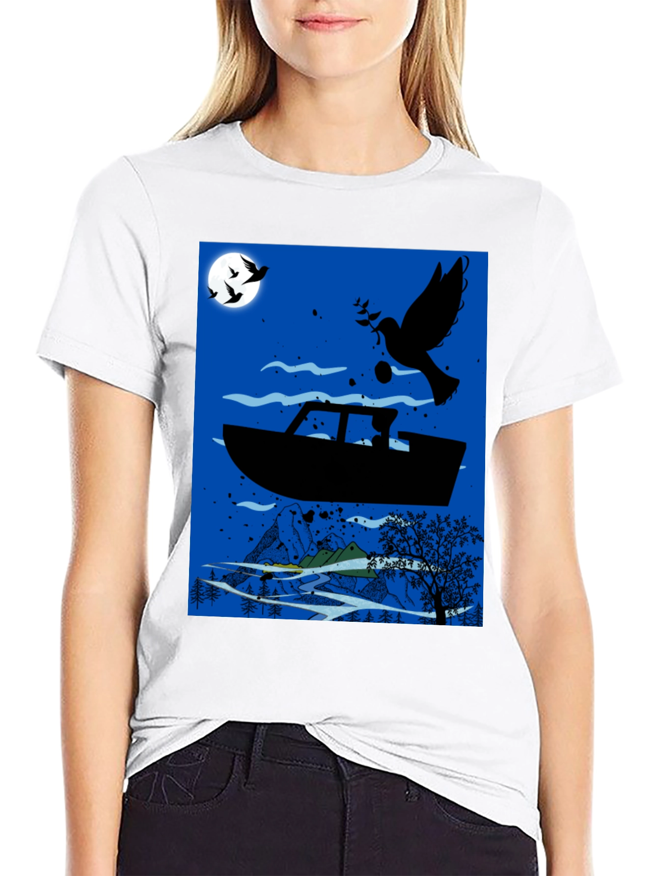 Peace Dove Boat Graphic Tee - Black Cotton Blend