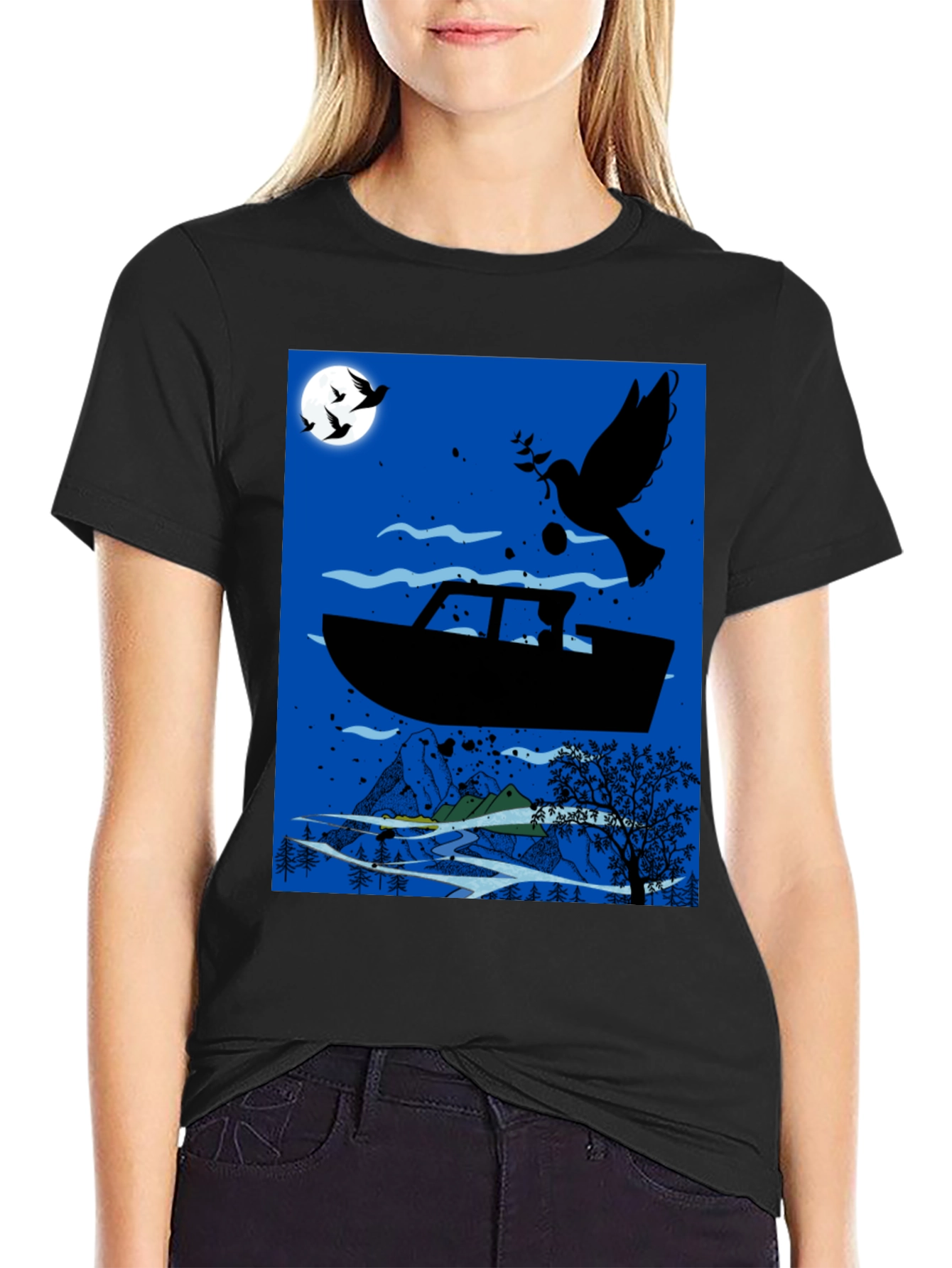 Peace Dove Boat Graphic Tee - Black Cotton Blend