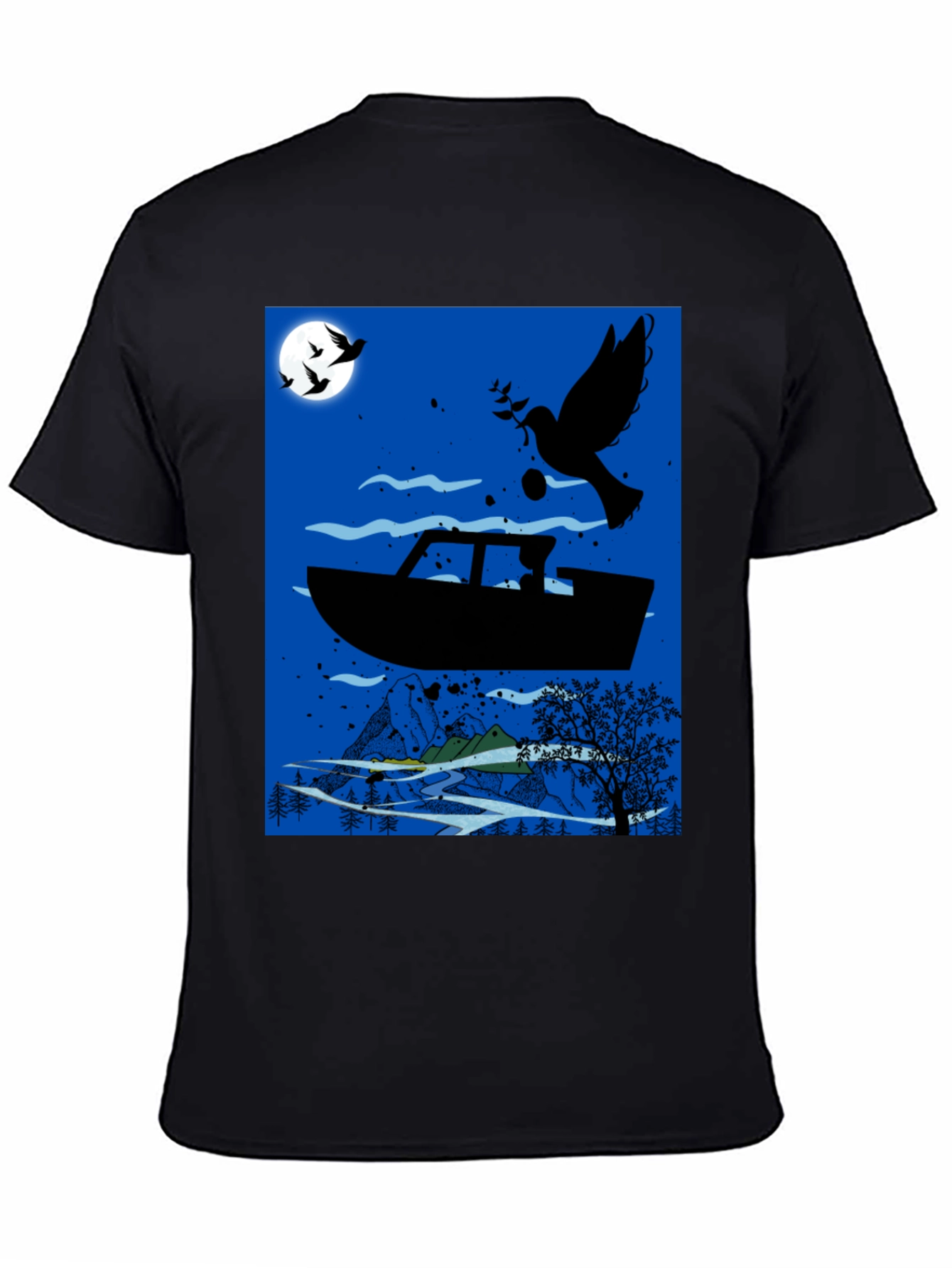 Peace Dove Boat Graphic Tee - Black Cotton Blend