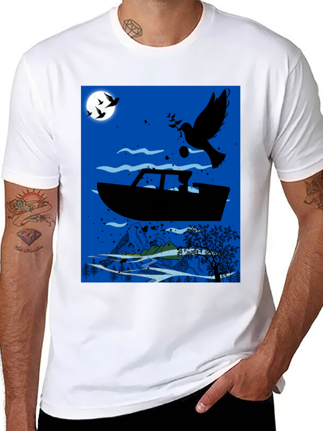 Peace Dove Boat Graphic Tee - Black Cotton Blend