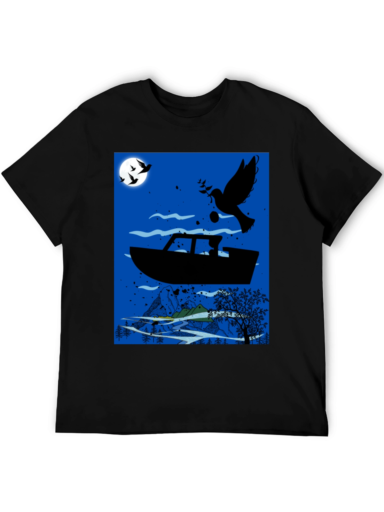 Peace Dove Boat Graphic Tee - Black Cotton Blend