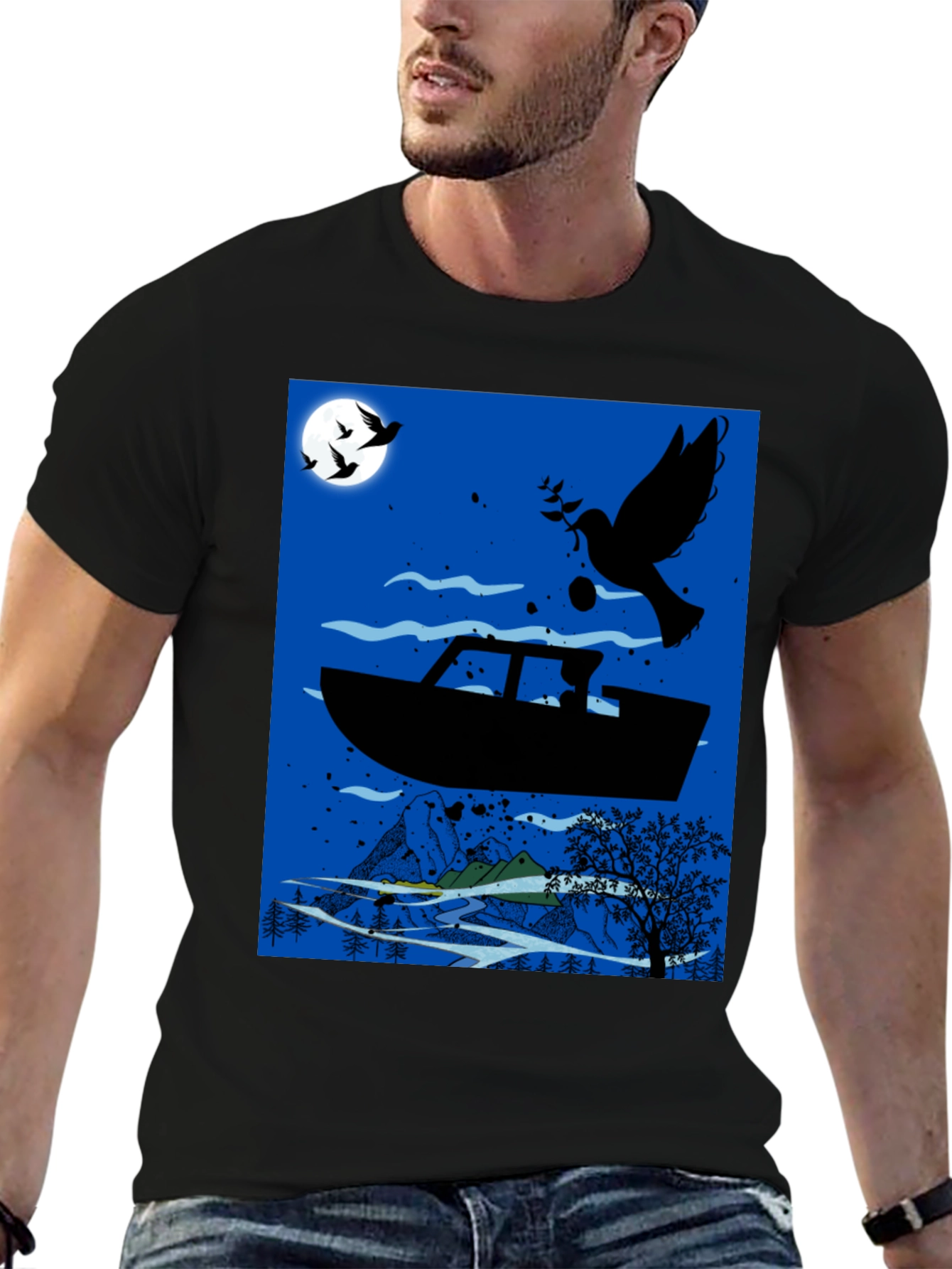 Peace Dove Boat Graphic Tee - Black Cotton Blend
