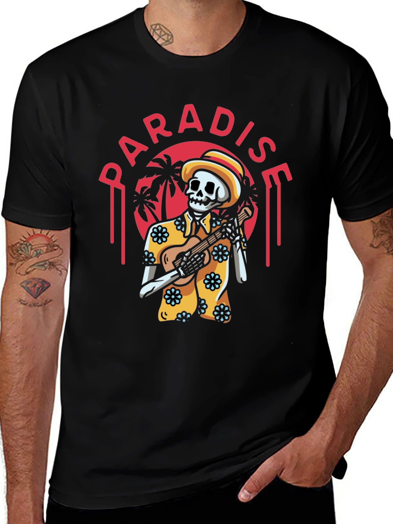 Paradise Skeleton Playing Ukulele Graphic Tee