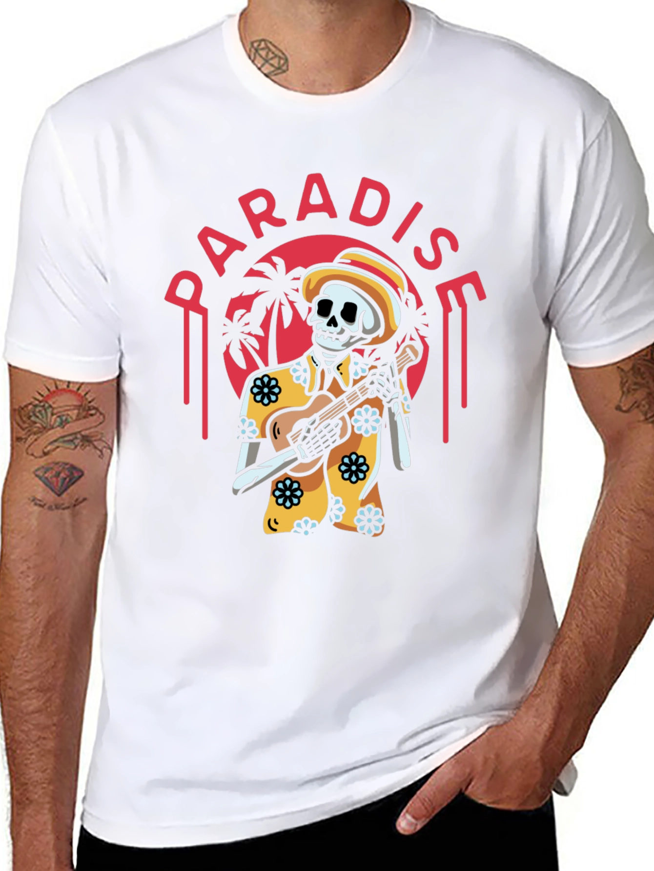 Paradise Skeleton Playing Ukulele Graphic Tee