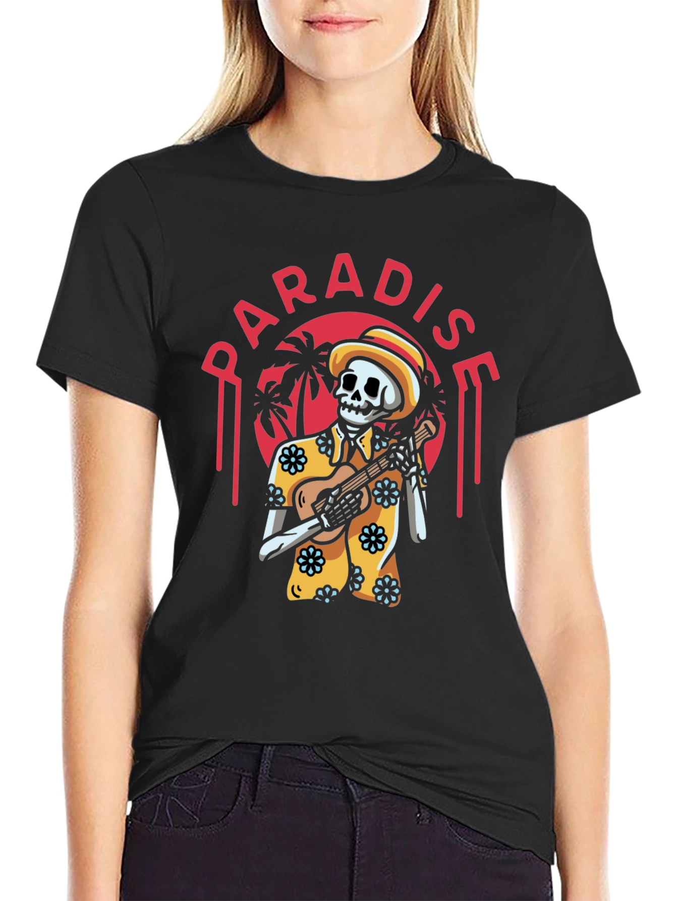 Paradise Skeleton Playing Ukulele Graphic Tee