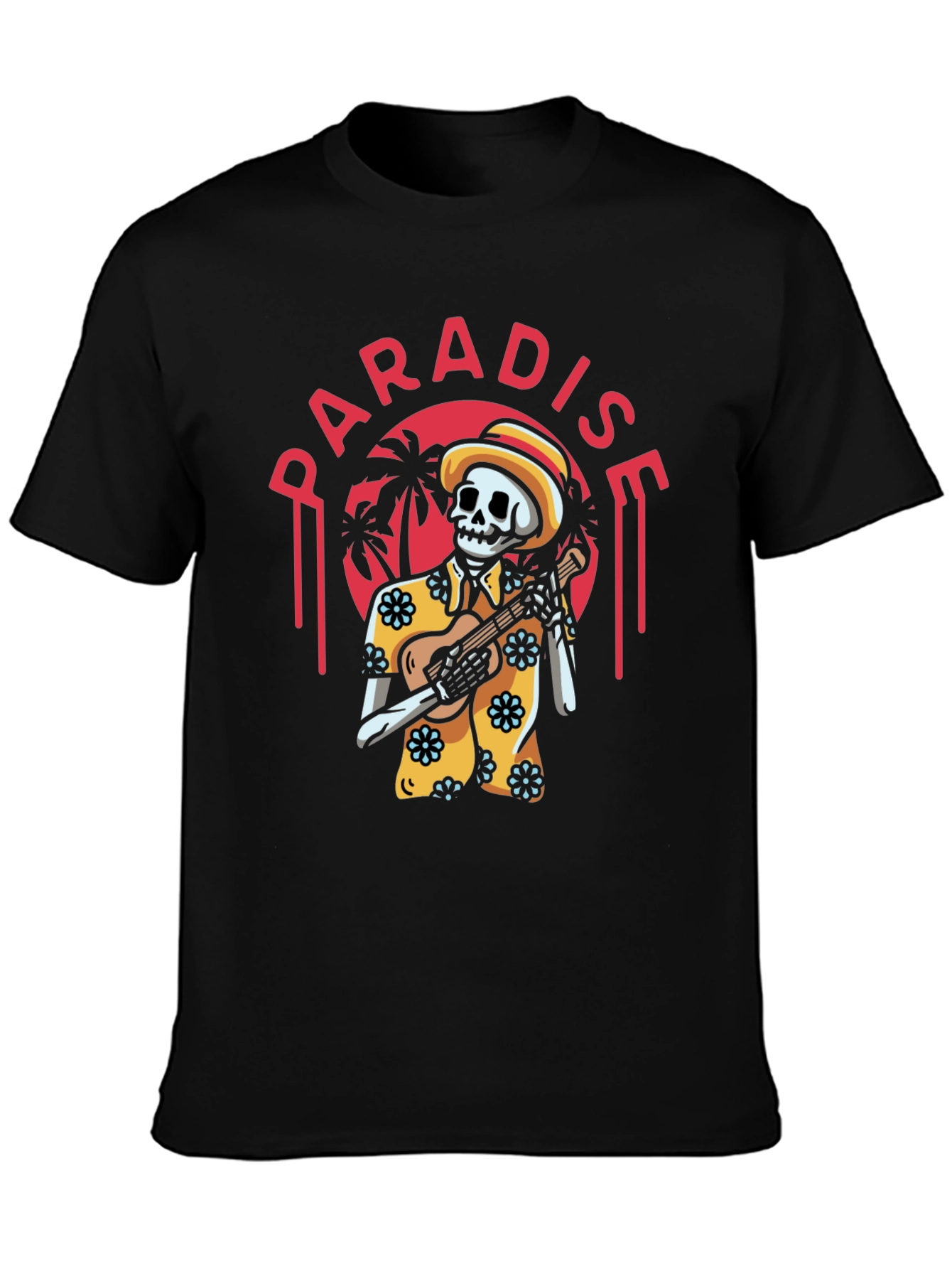 Paradise Skeleton Playing Ukulele Graphic Tee