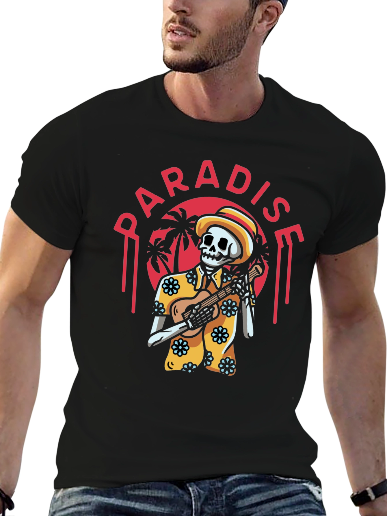 Paradise Skeleton Playing Ukulele Graphic Tee