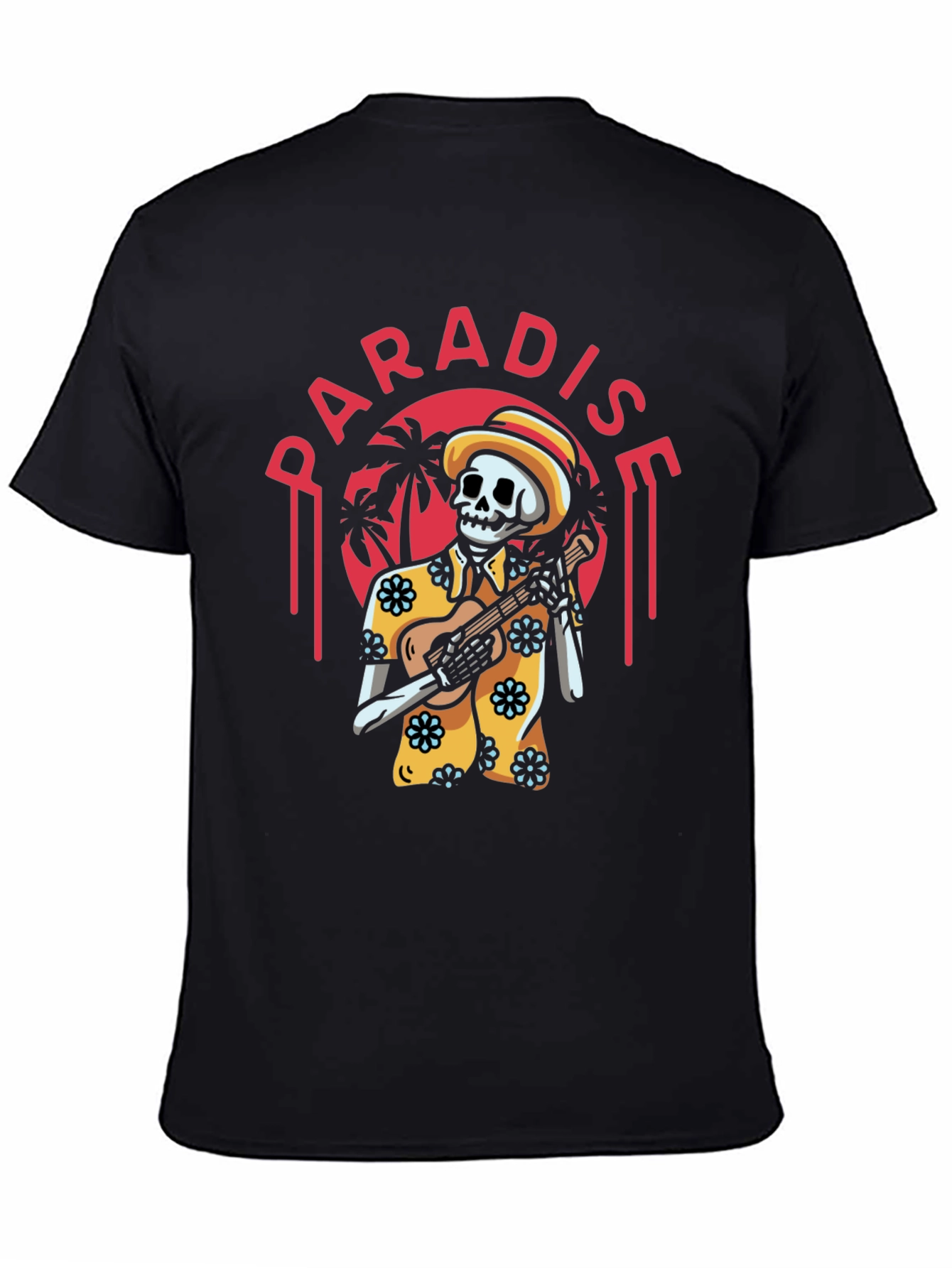 Paradise Skeleton Playing Ukulele Graphic Tee