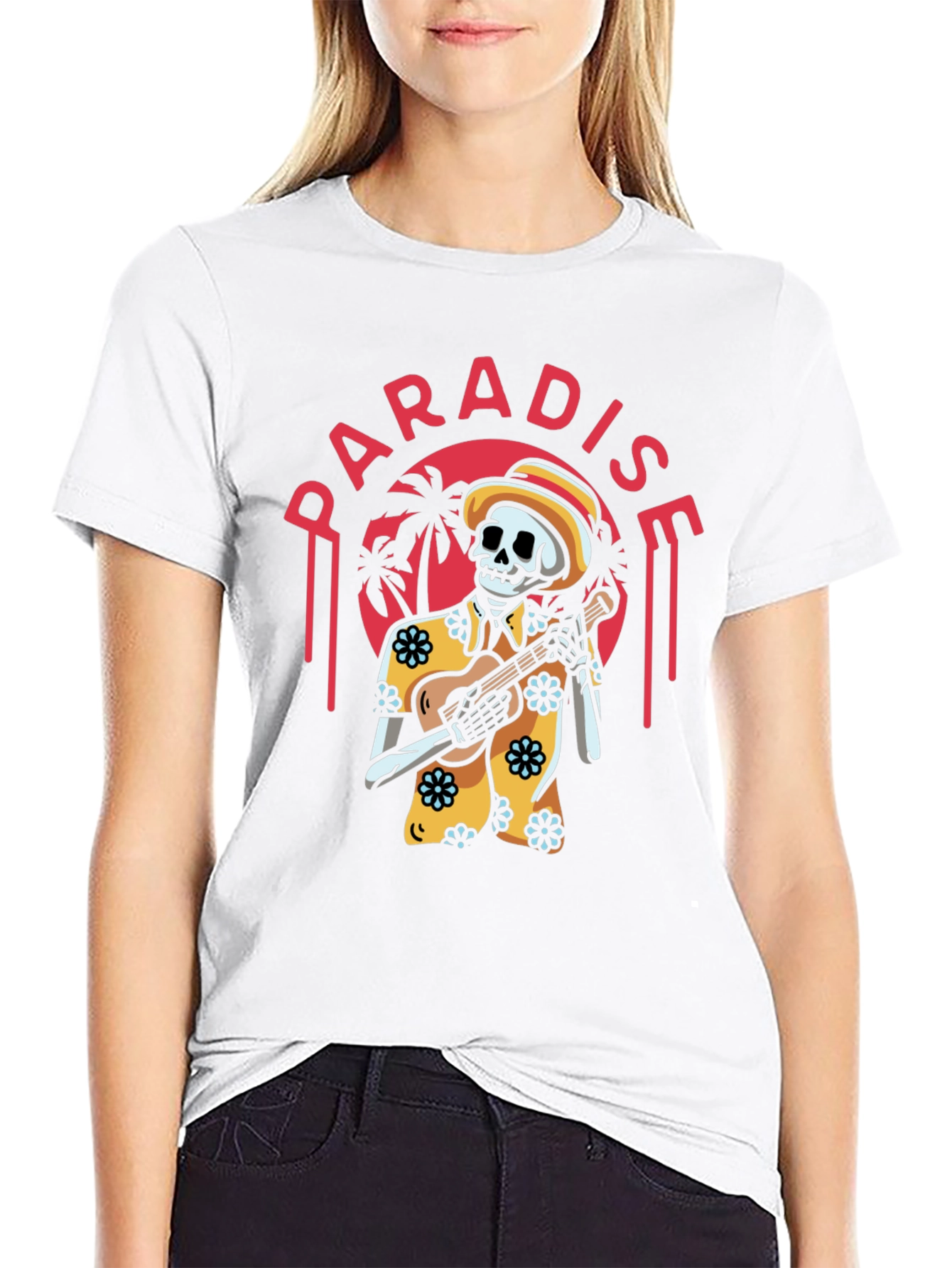 Paradise Skeleton Playing Ukulele Graphic Tee
