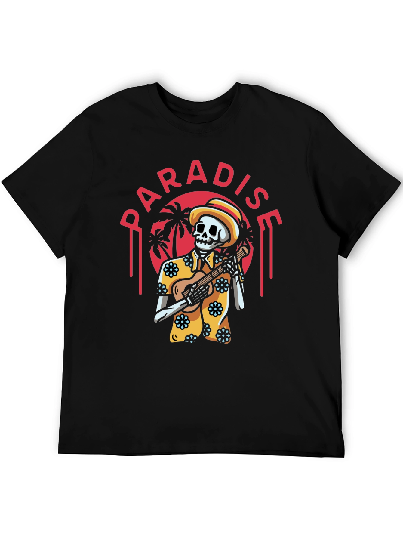 Paradise Skeleton Playing Ukulele Graphic Tee