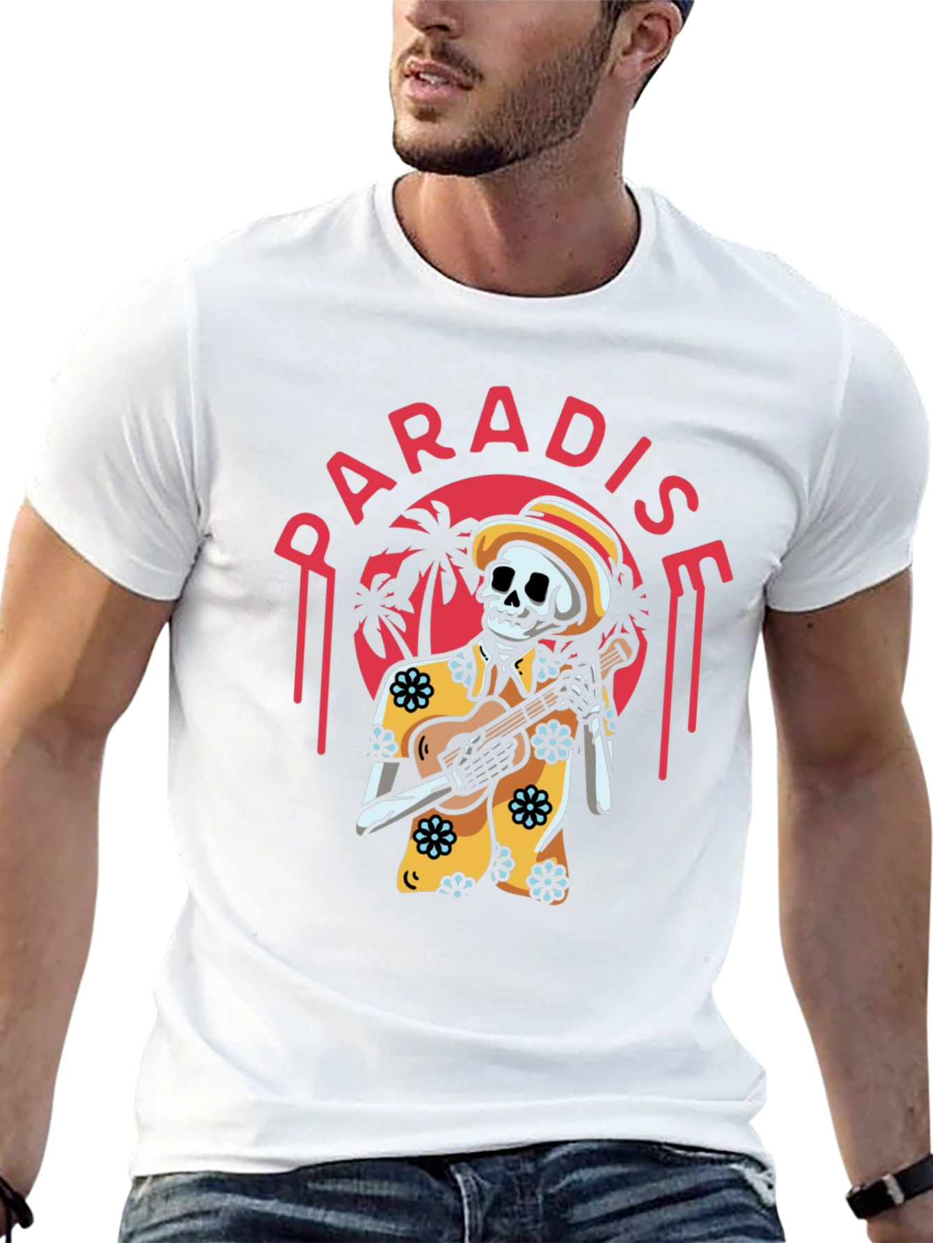 Paradise Skeleton Playing Ukulele Graphic Tee