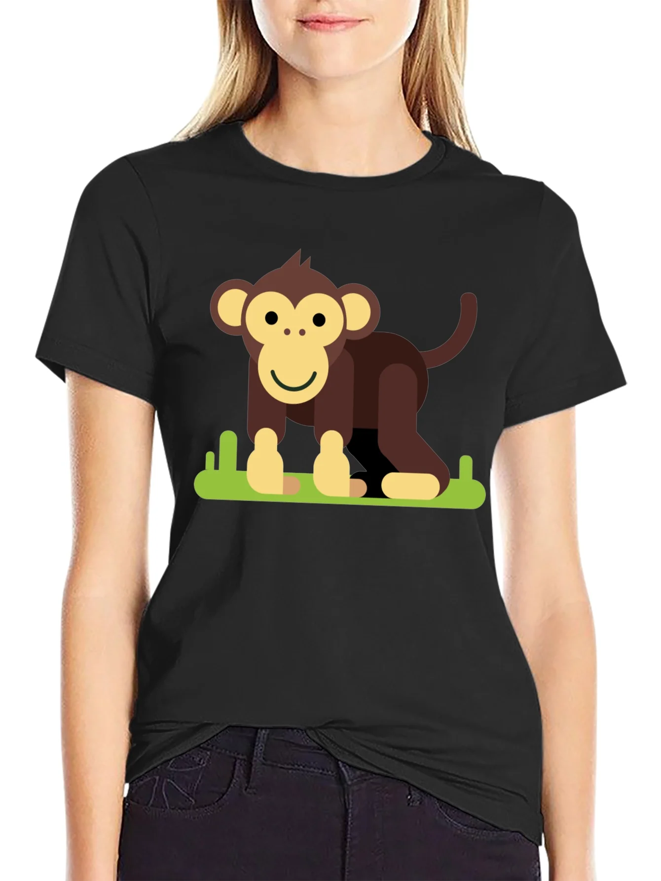 Cartoon Monkey Graphic Tee - Black Cotton T-Shirt