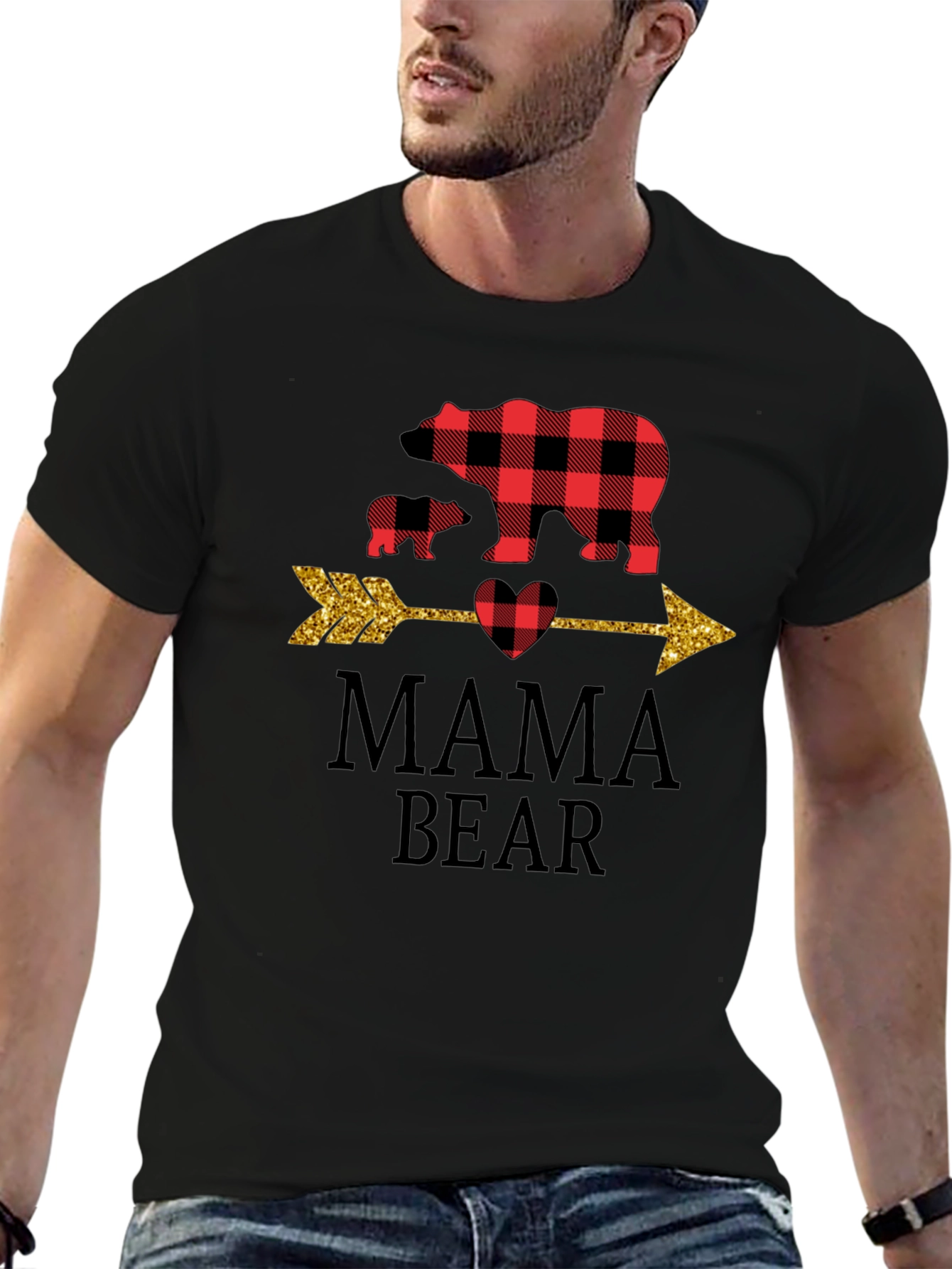 Mama Bear Graphic Tee - Cute Plaid Bear Design