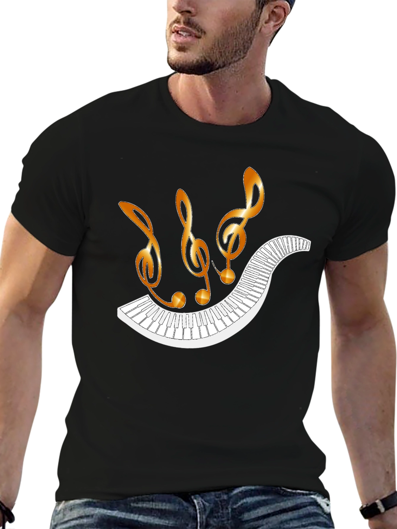 Musical Notes & Piano Keyboard Black T-Shirt