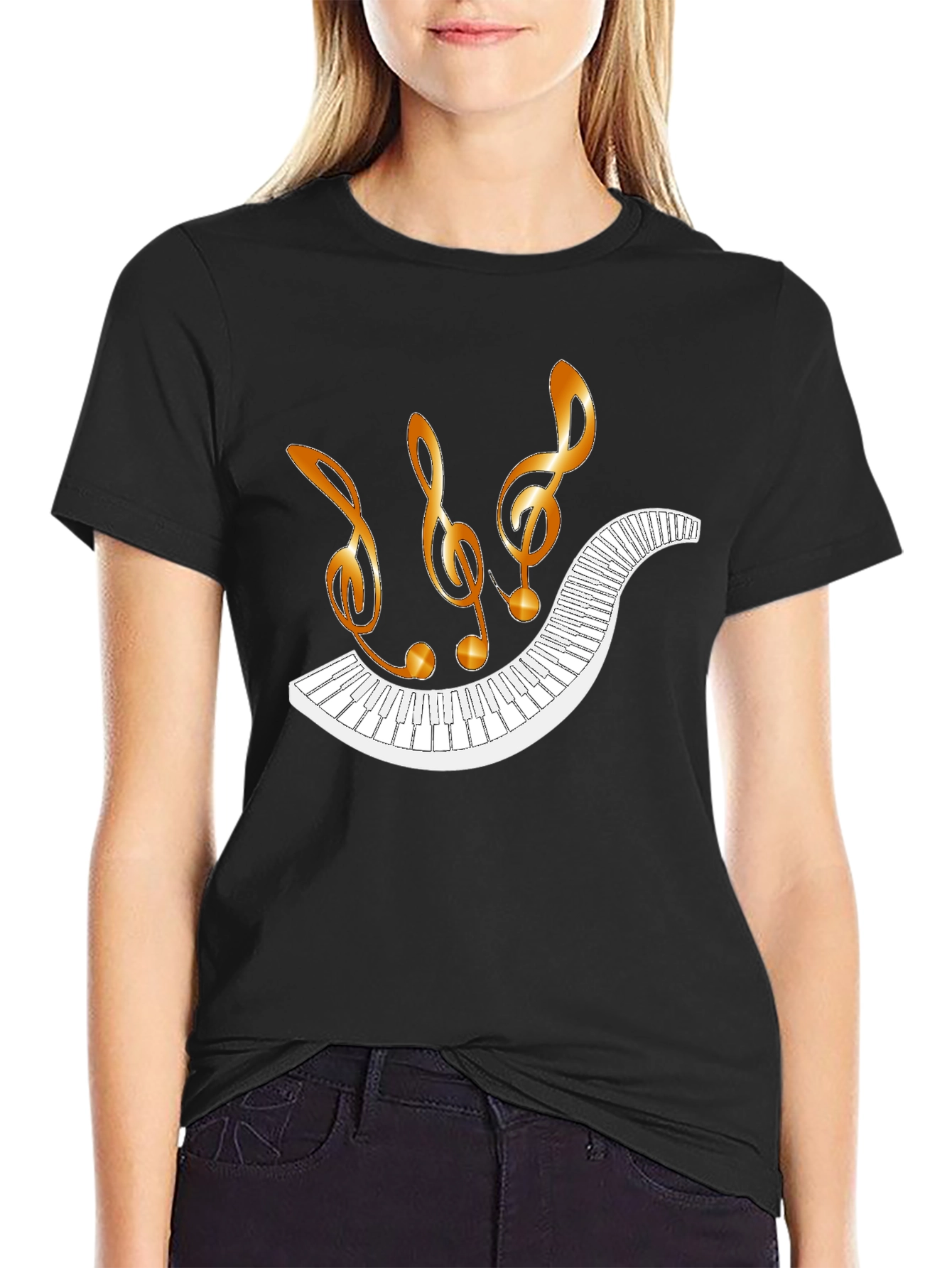 Musical Notes & Piano Keyboard Black T-Shirt