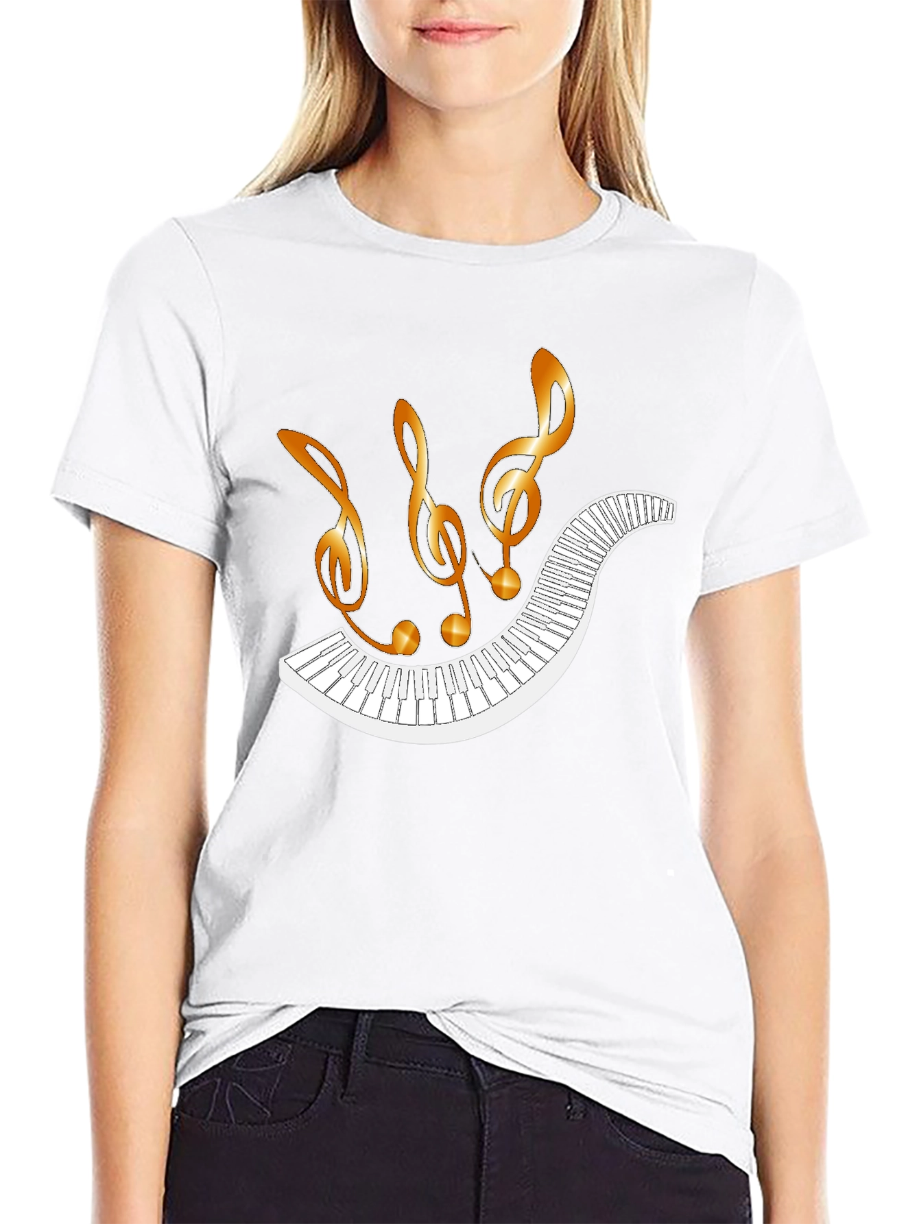 Musical Notes & Piano Keyboard Black T-Shirt