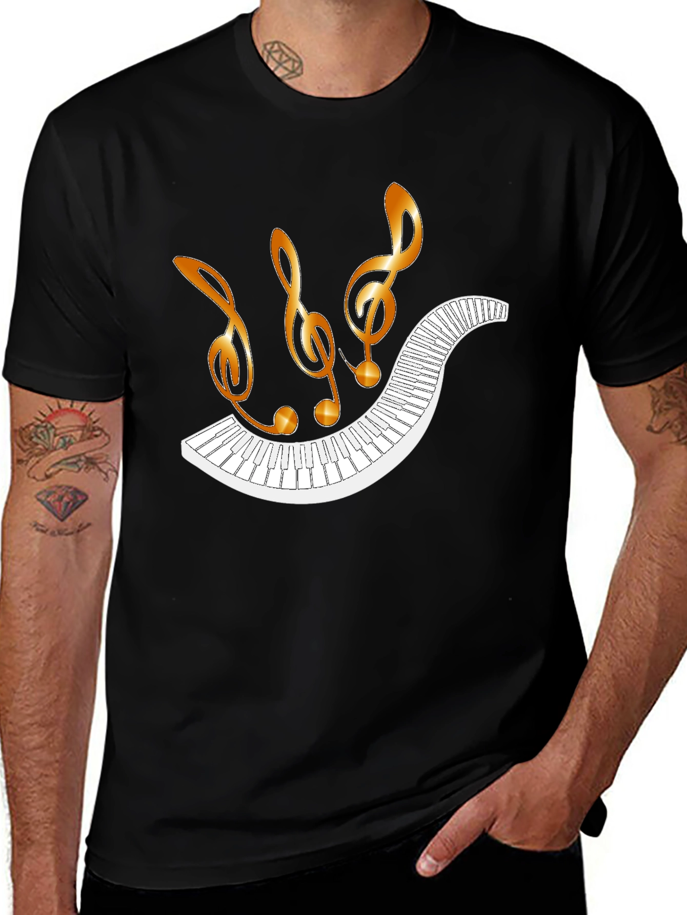 Musical Notes & Piano Keyboard Black T-Shirt