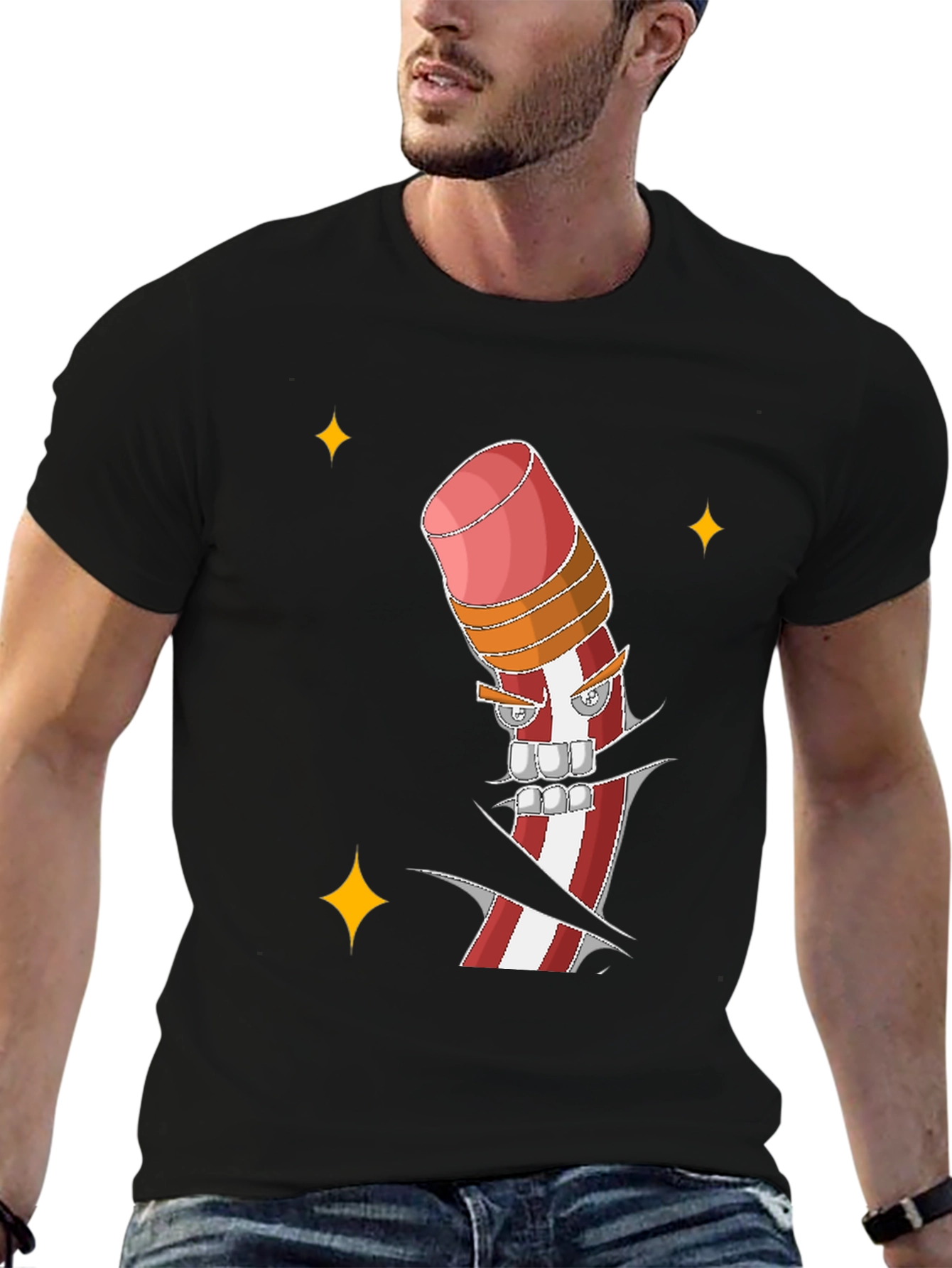 Mens Black T-shirt with Cartoon Pencil Print