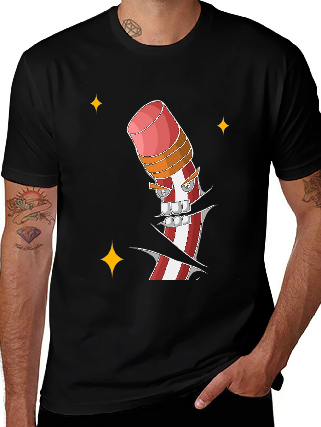 Mens Black T-shirt with Cartoon Pencil Print