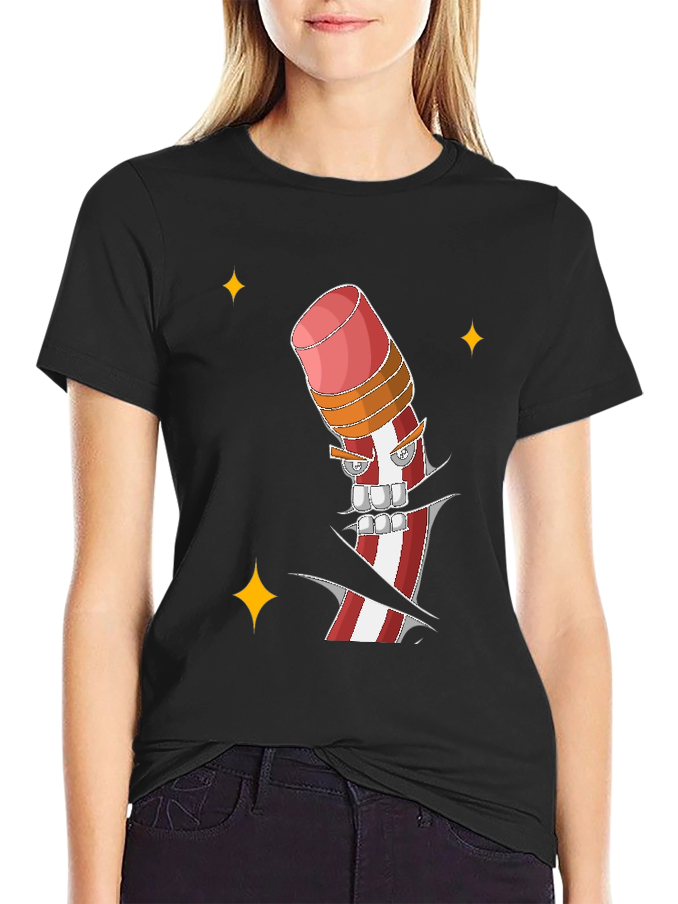 Mens Black T-shirt with Cartoon Pencil Print