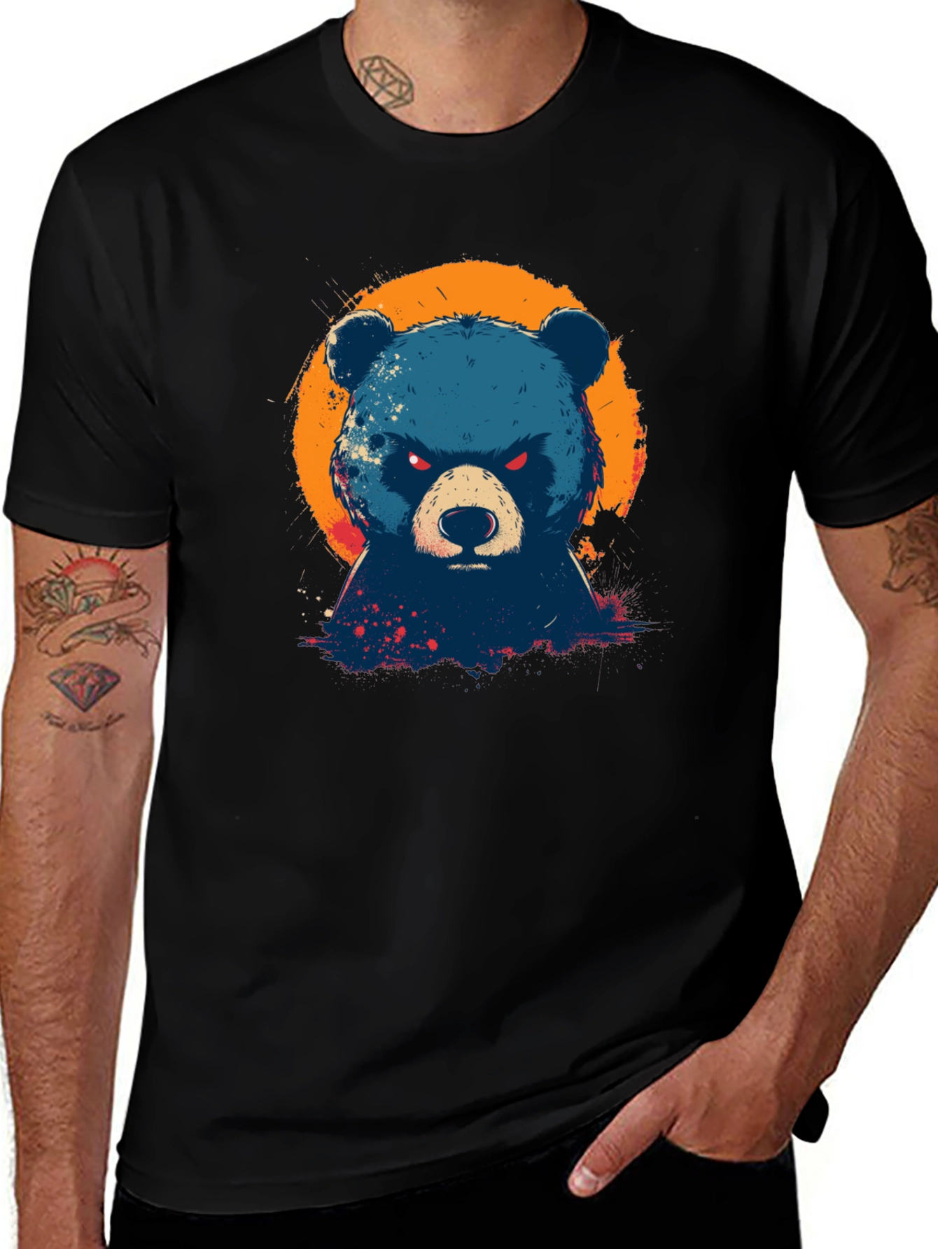 Mens Black T-Shirt with Bear Graphic