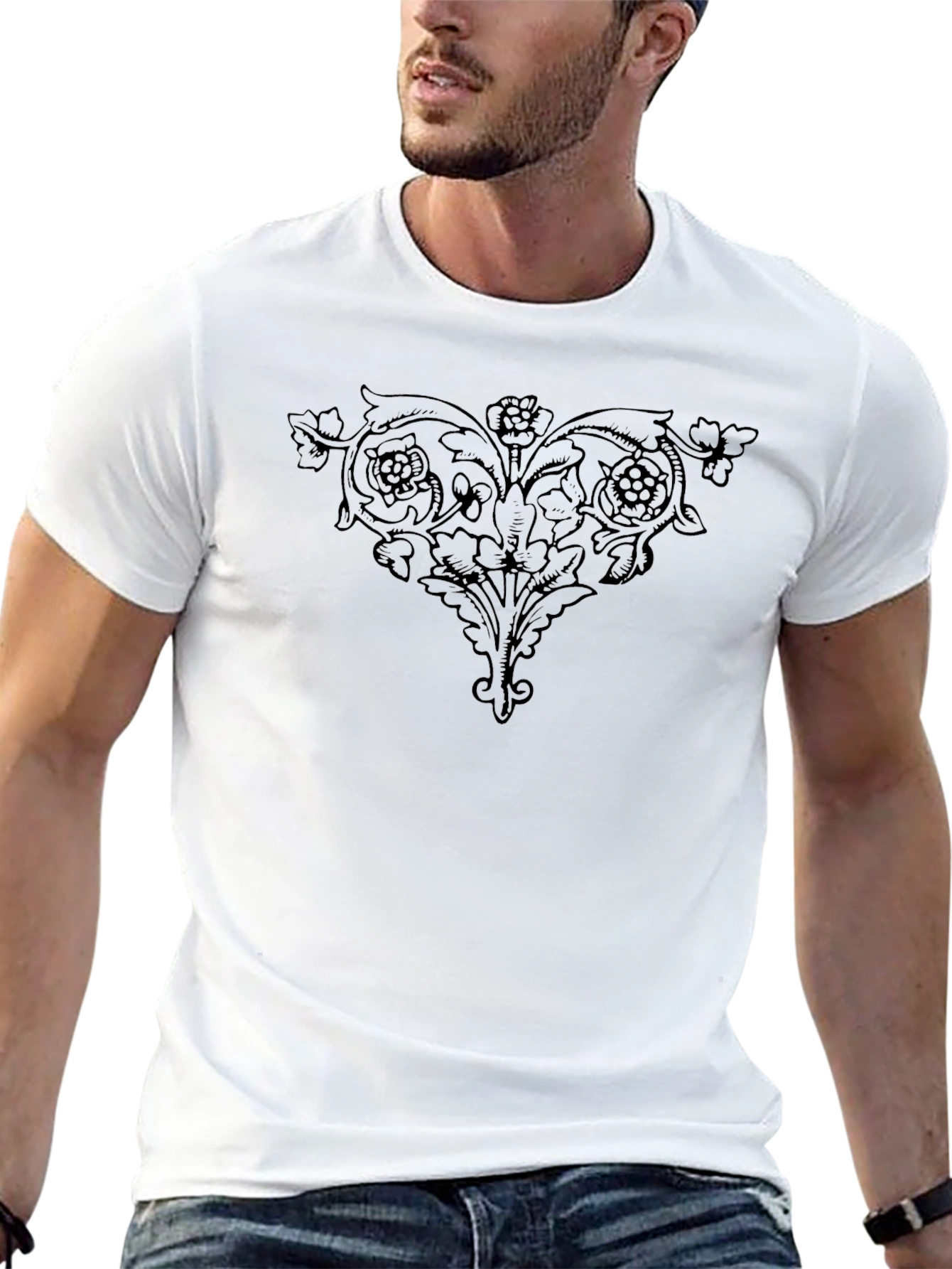 Black T-Shirt with Floral Ornament Design