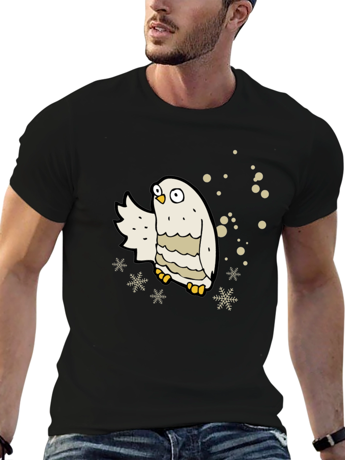 Snowy Owl Graphic Tee - Black Cotton Blend