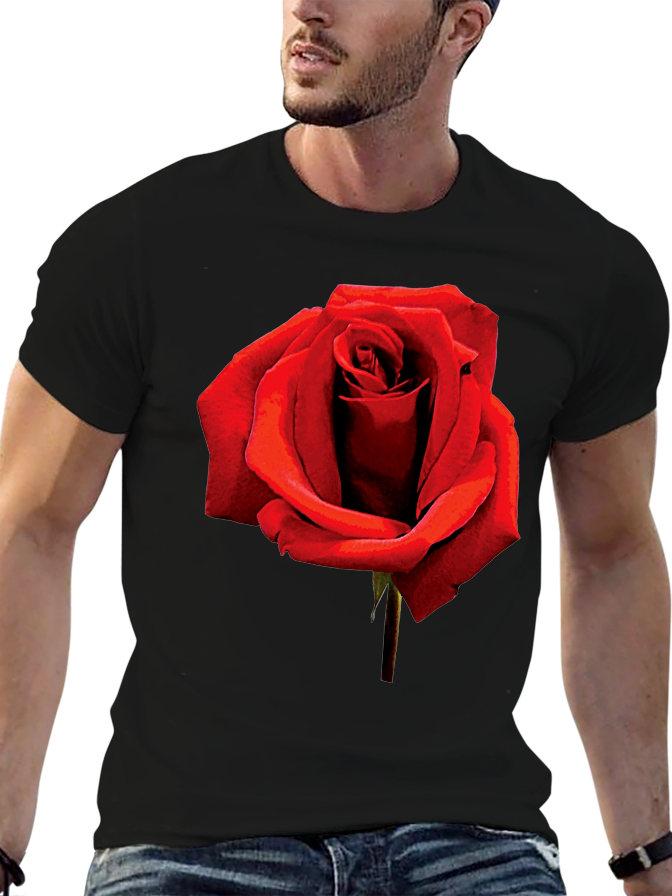 Red Rose Graphic Tee - Black Cotton T-Shirt