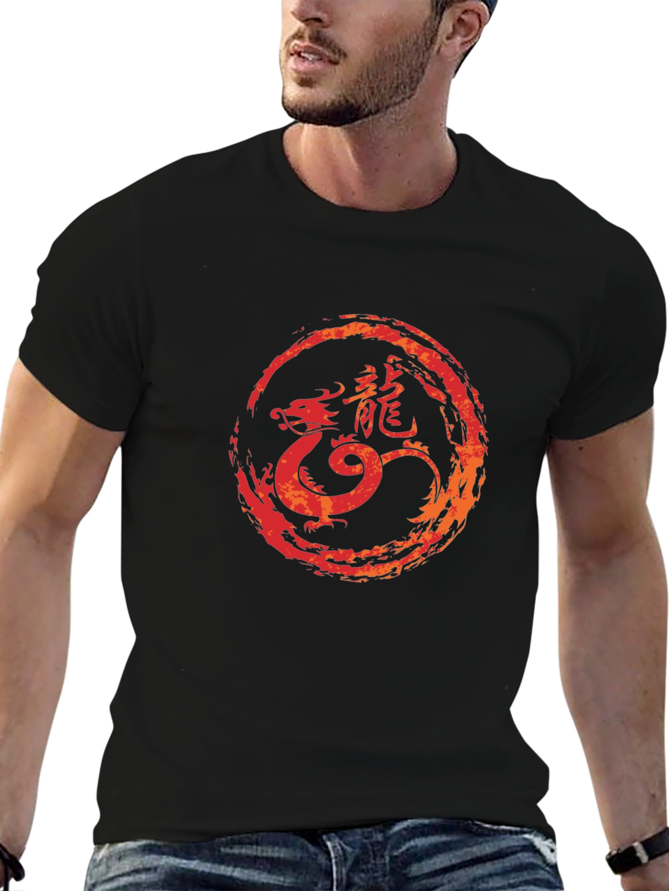 Dragon Circle Graphic Tee - Black Cotton Blend
