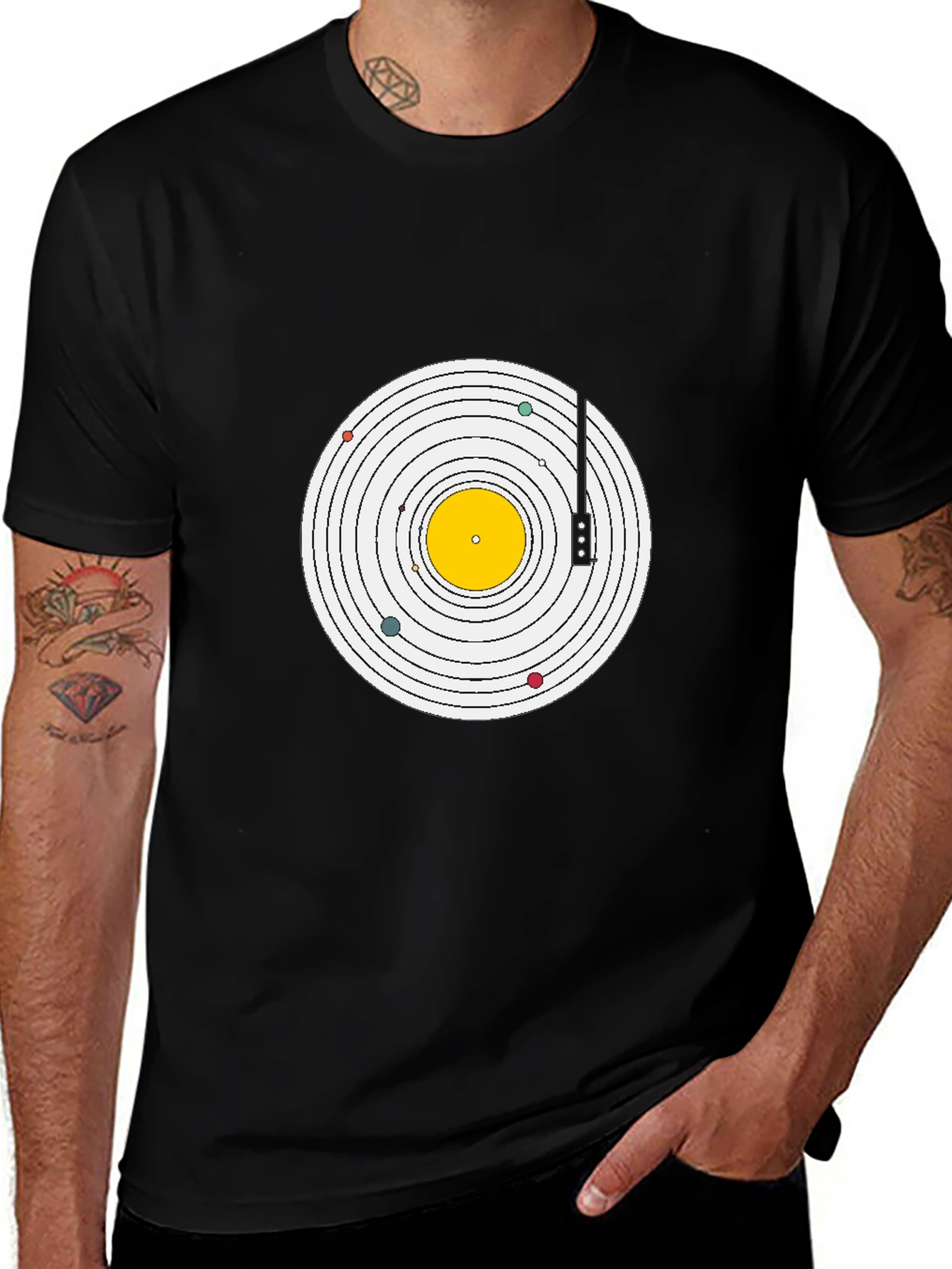 Planetary Turntable Graphic Tee - Black Cotton T-Shirt