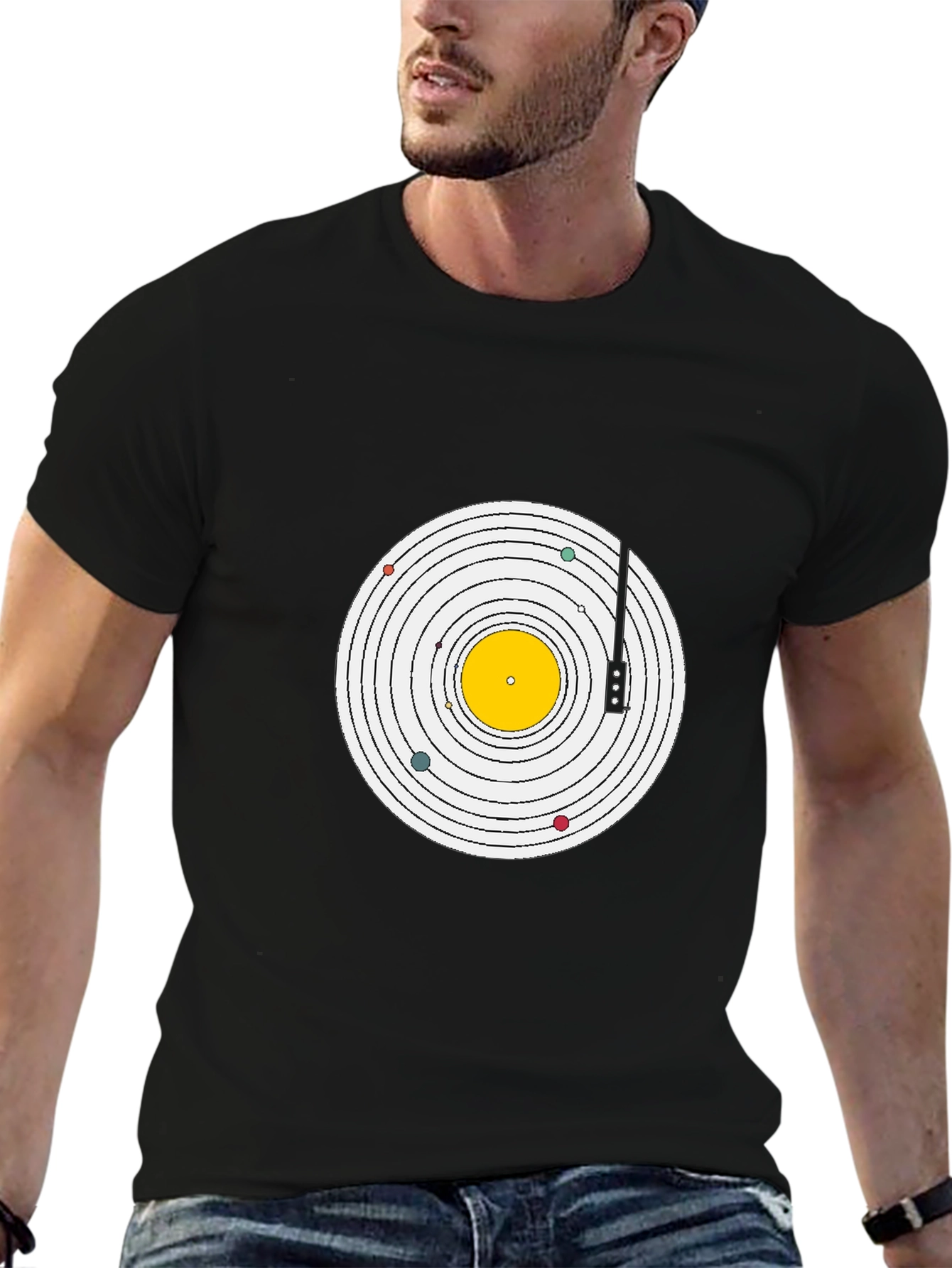 Planetary Turntable Graphic Tee - Black Cotton T-Shirt