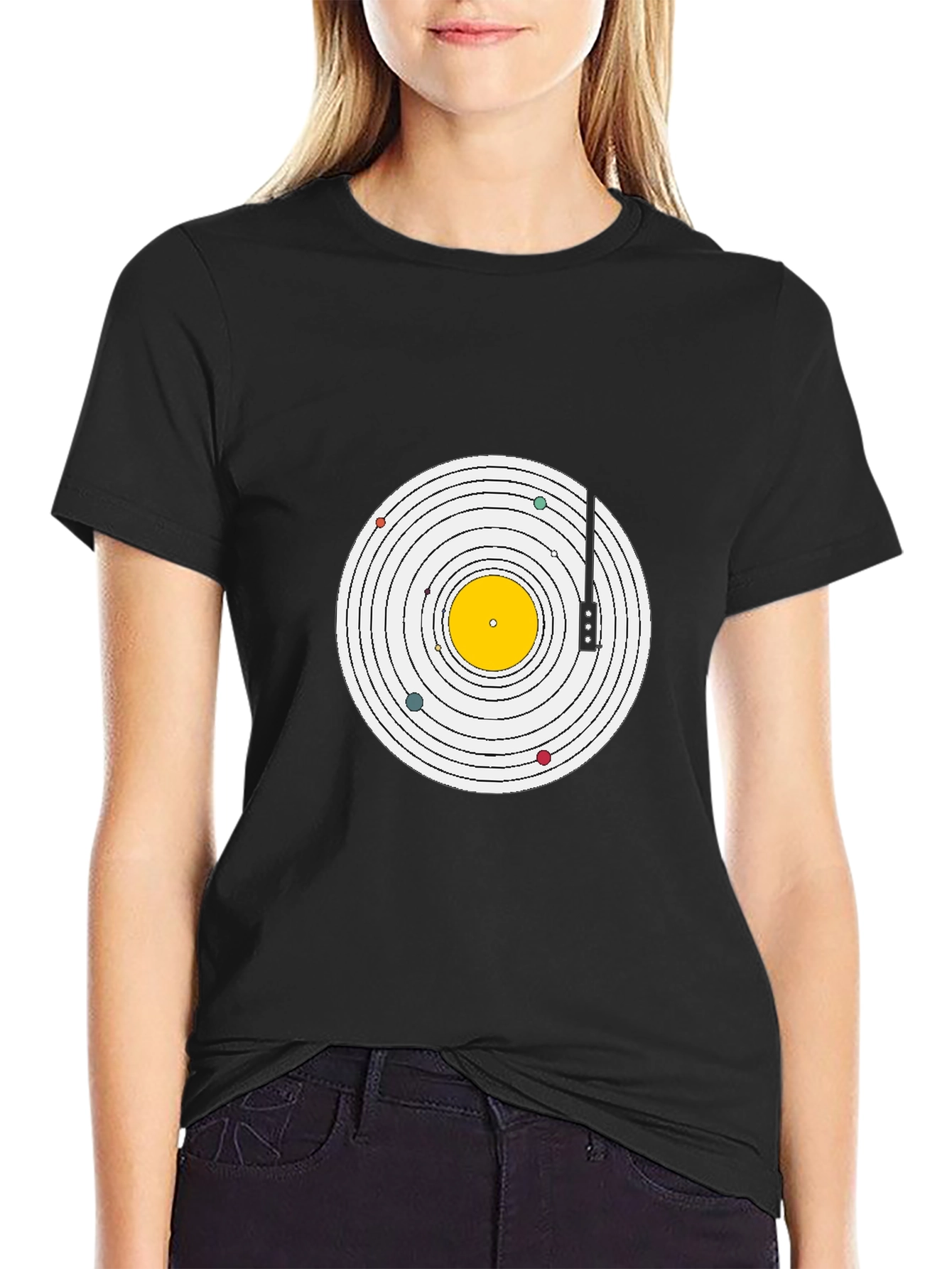 Planetary Turntable Graphic Tee - Black Cotton T-Shirt