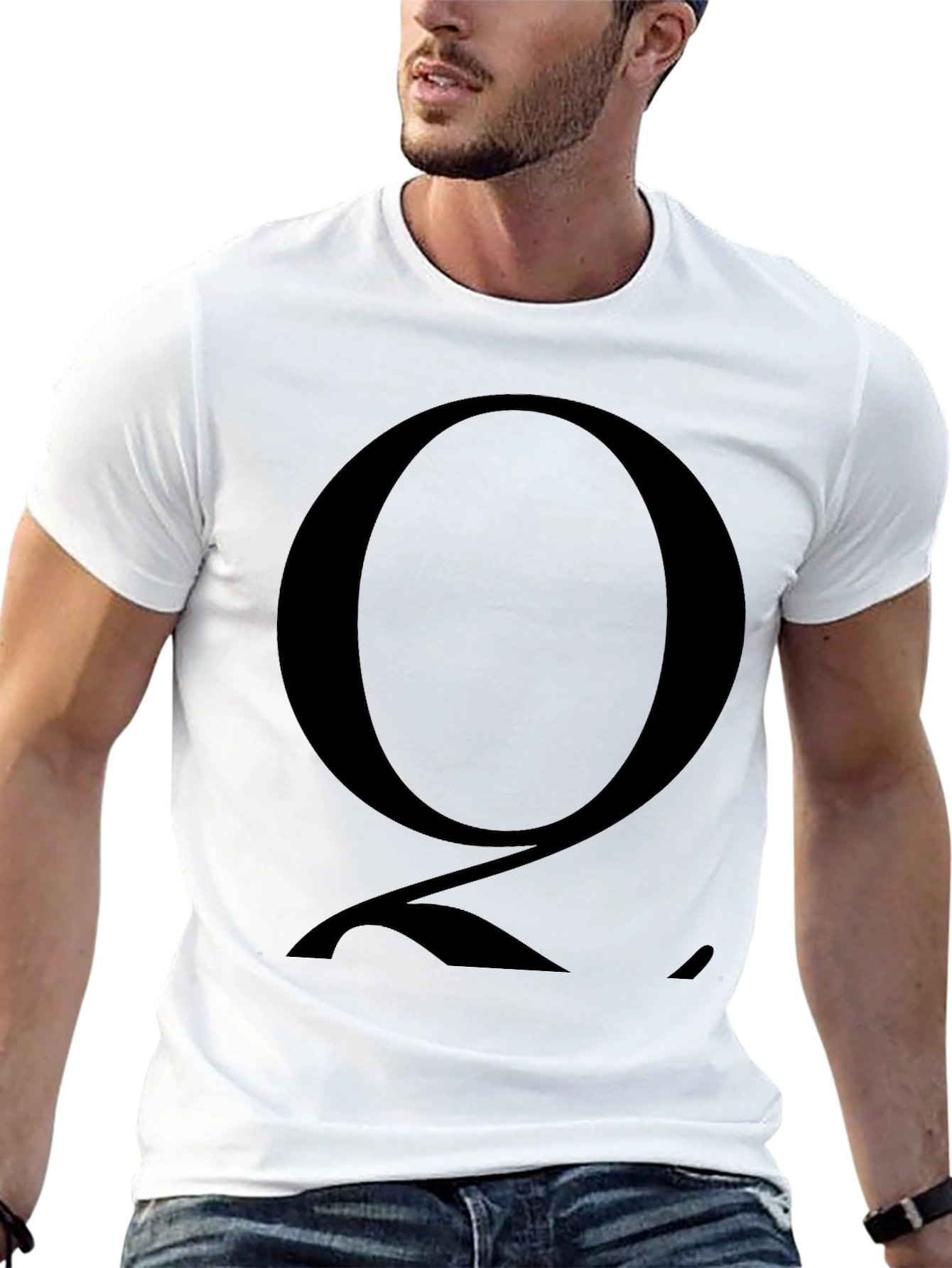 Mens Black T-Shirt with Bold Letter Q Graphic