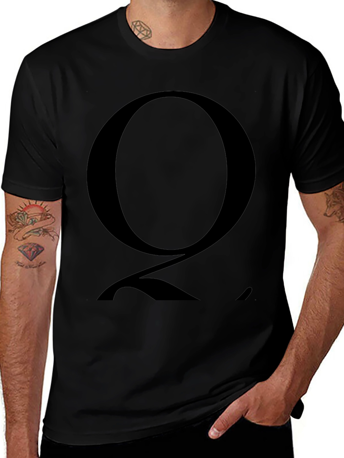 Mens Black T-Shirt with Bold Letter Q Graphic