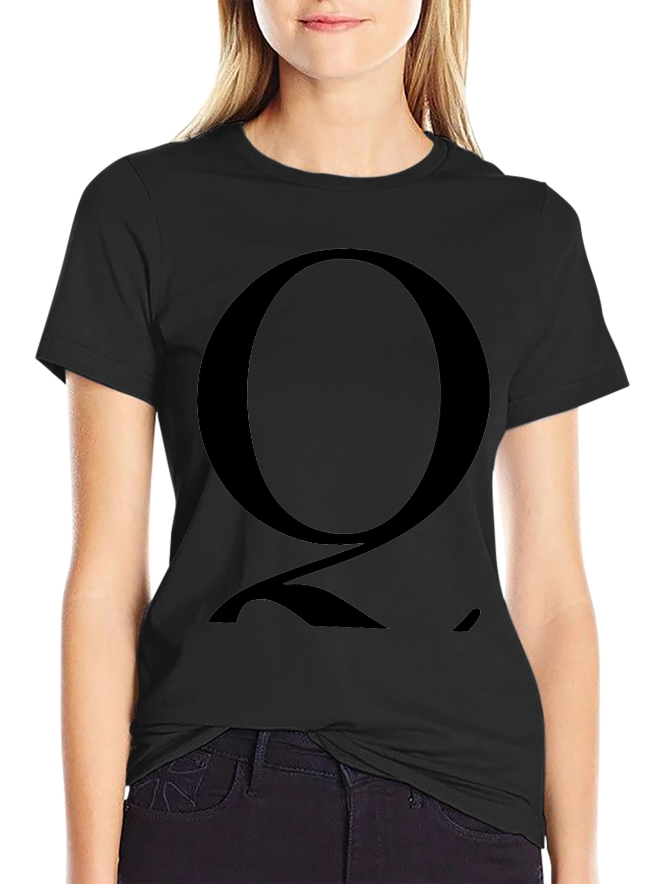 Mens Black T-Shirt with Bold Letter Q Graphic