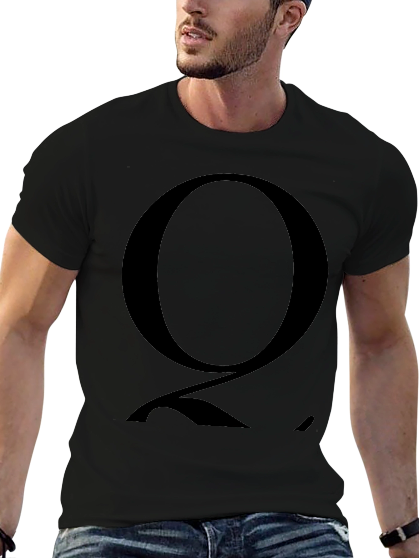 Mens Black T-Shirt with Bold Letter Q Graphic