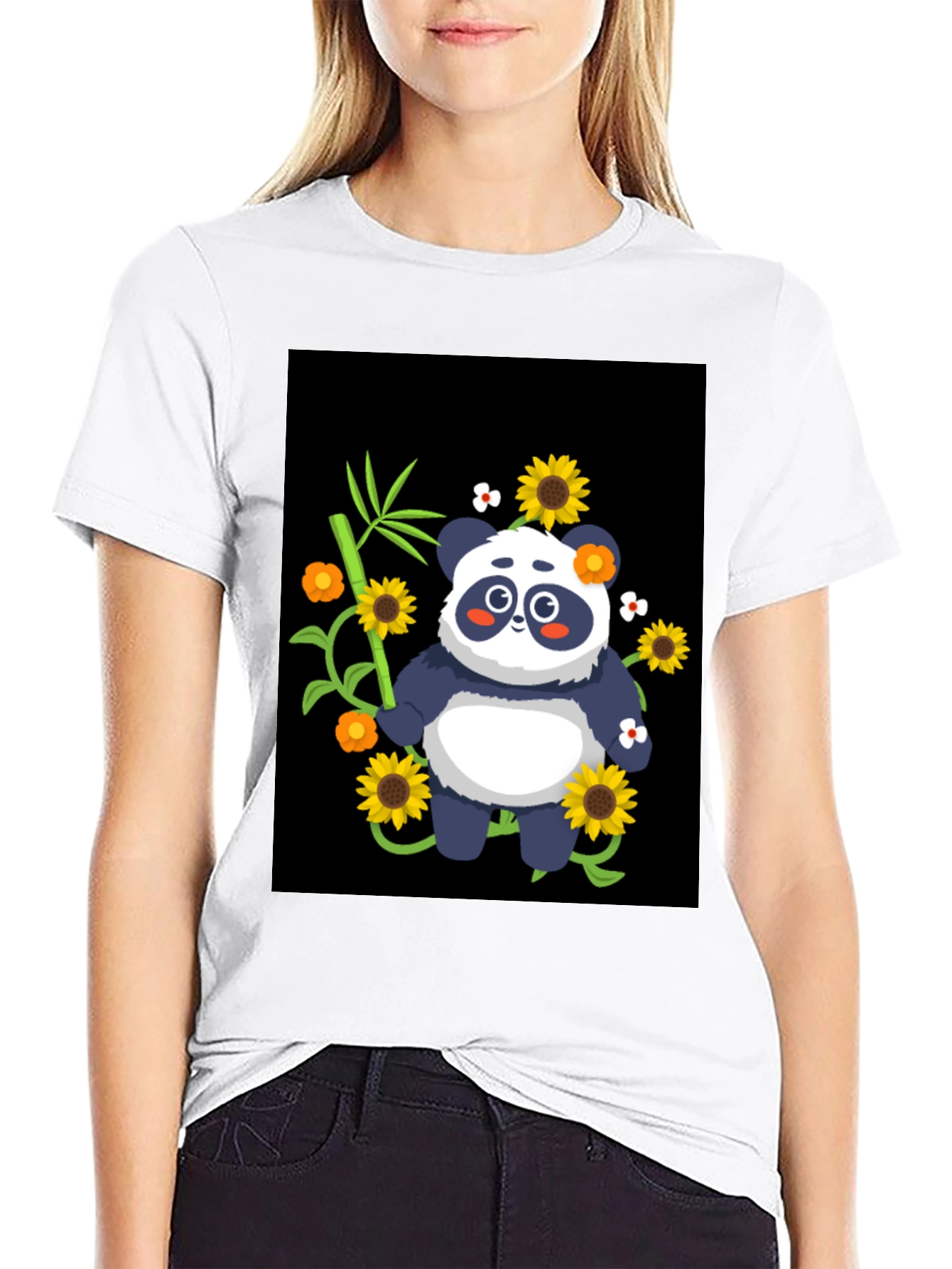 Panda & Sunflower Graphic Black T-Shirt