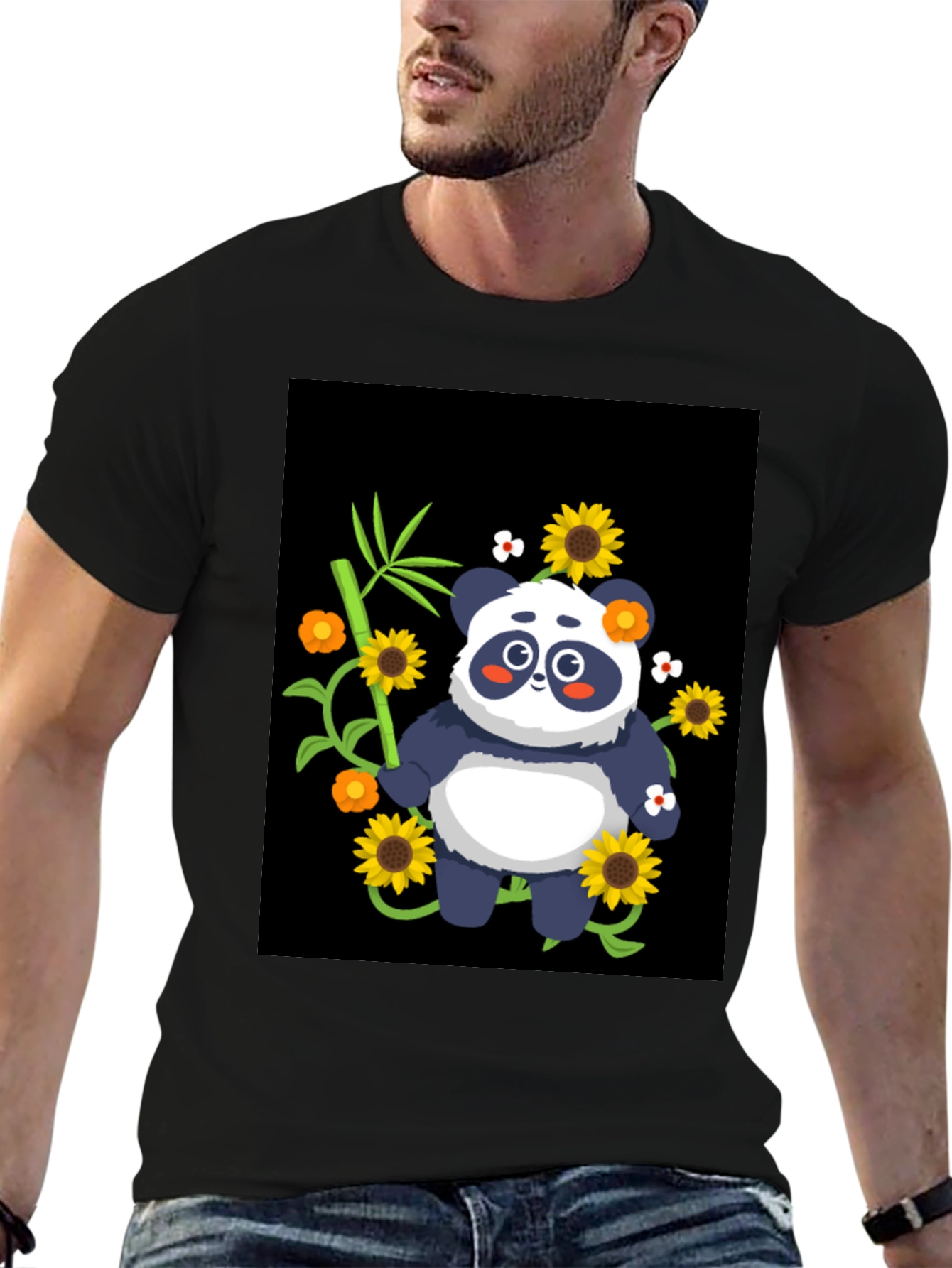 Panda & Sunflower Graphic Black T-Shirt