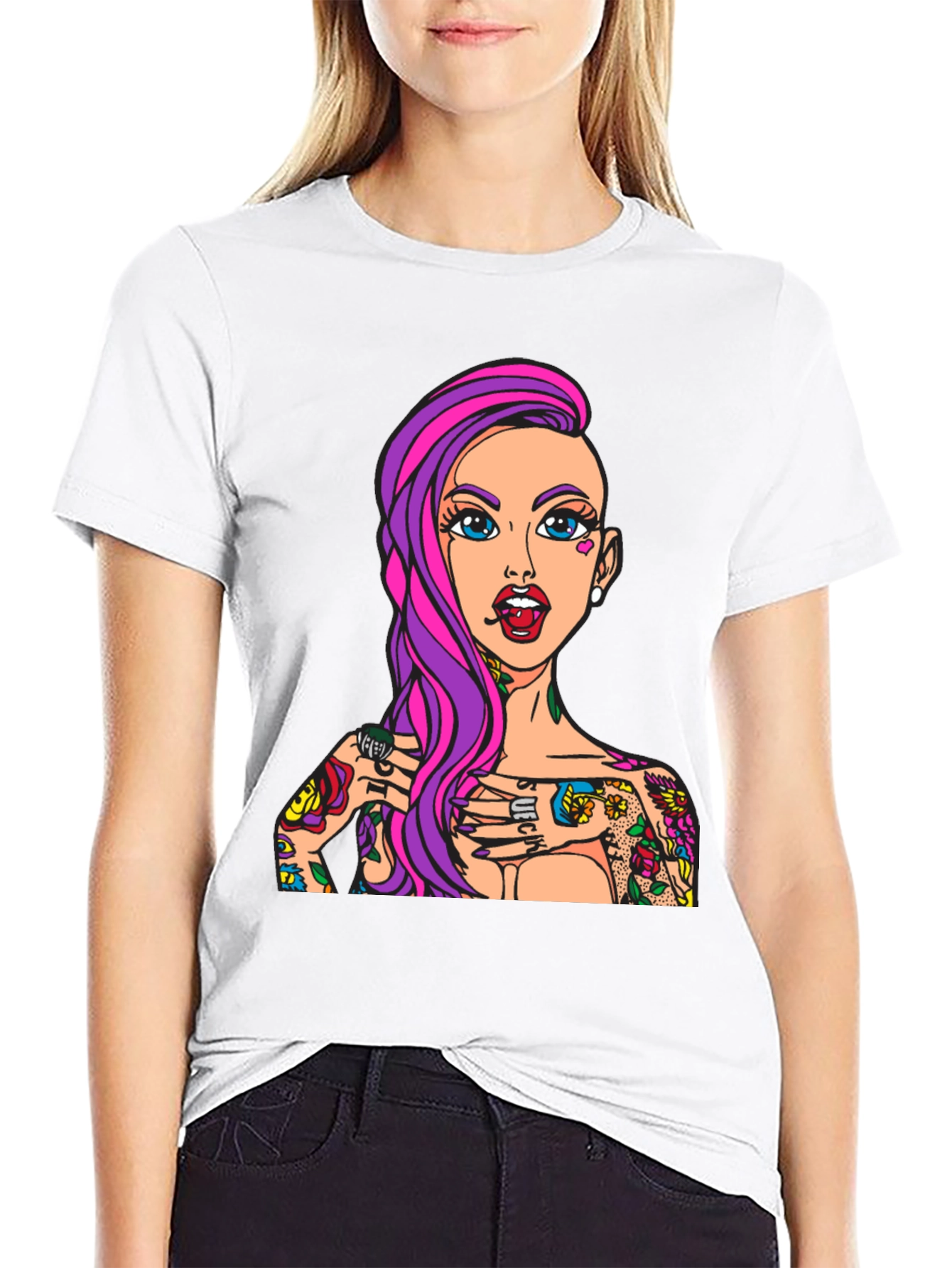 Tattooed Girl Graphic Print Black T-Shirt