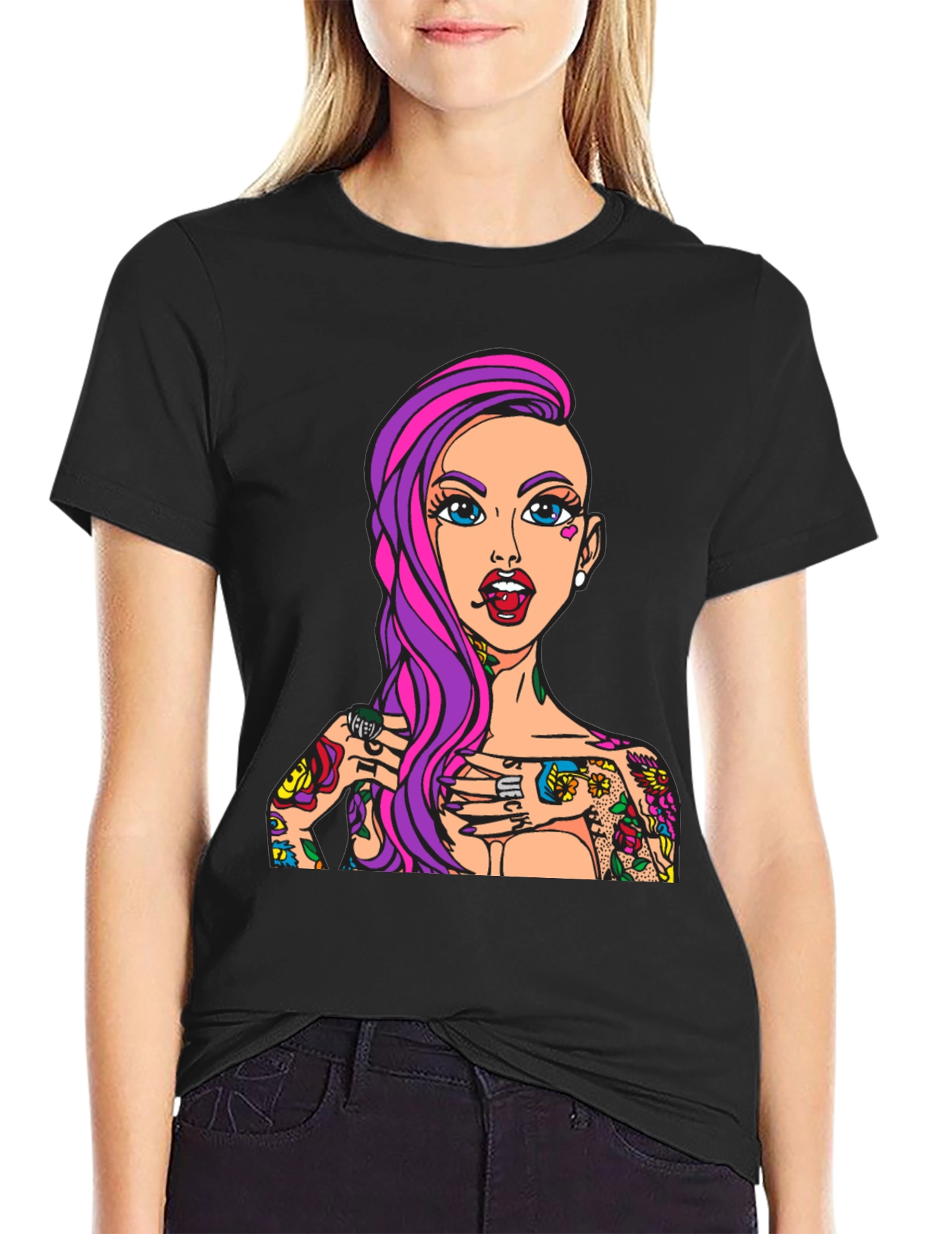 Tattooed Girl Graphic Print Black T-Shirt