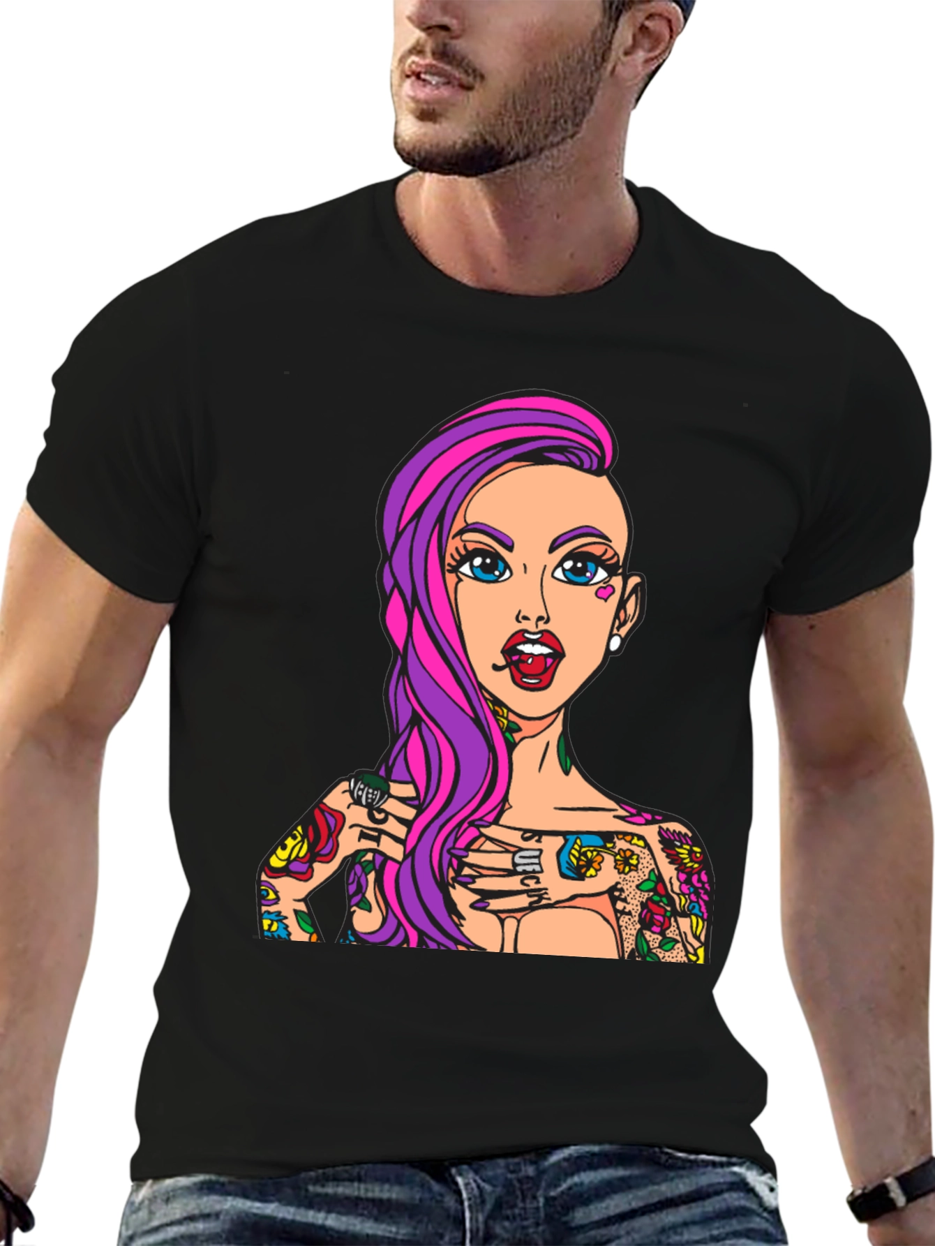 Tattooed Girl Graphic Print Black T-Shirt