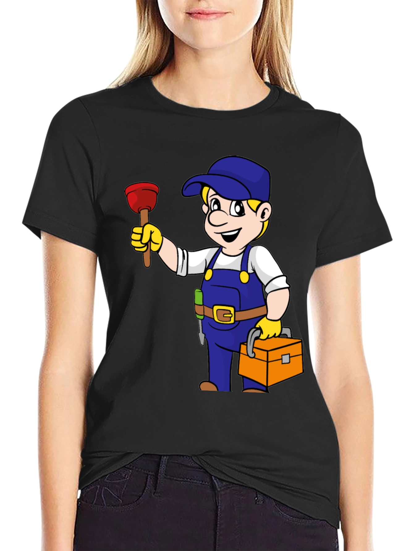 Plumber Cartoon Graphic Black T-Shirt