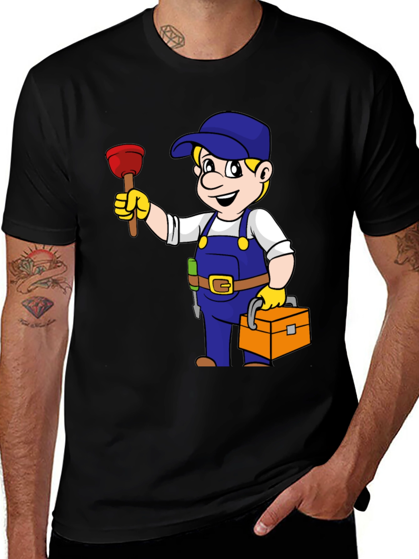 Plumber Cartoon Graphic Black T-Shirt