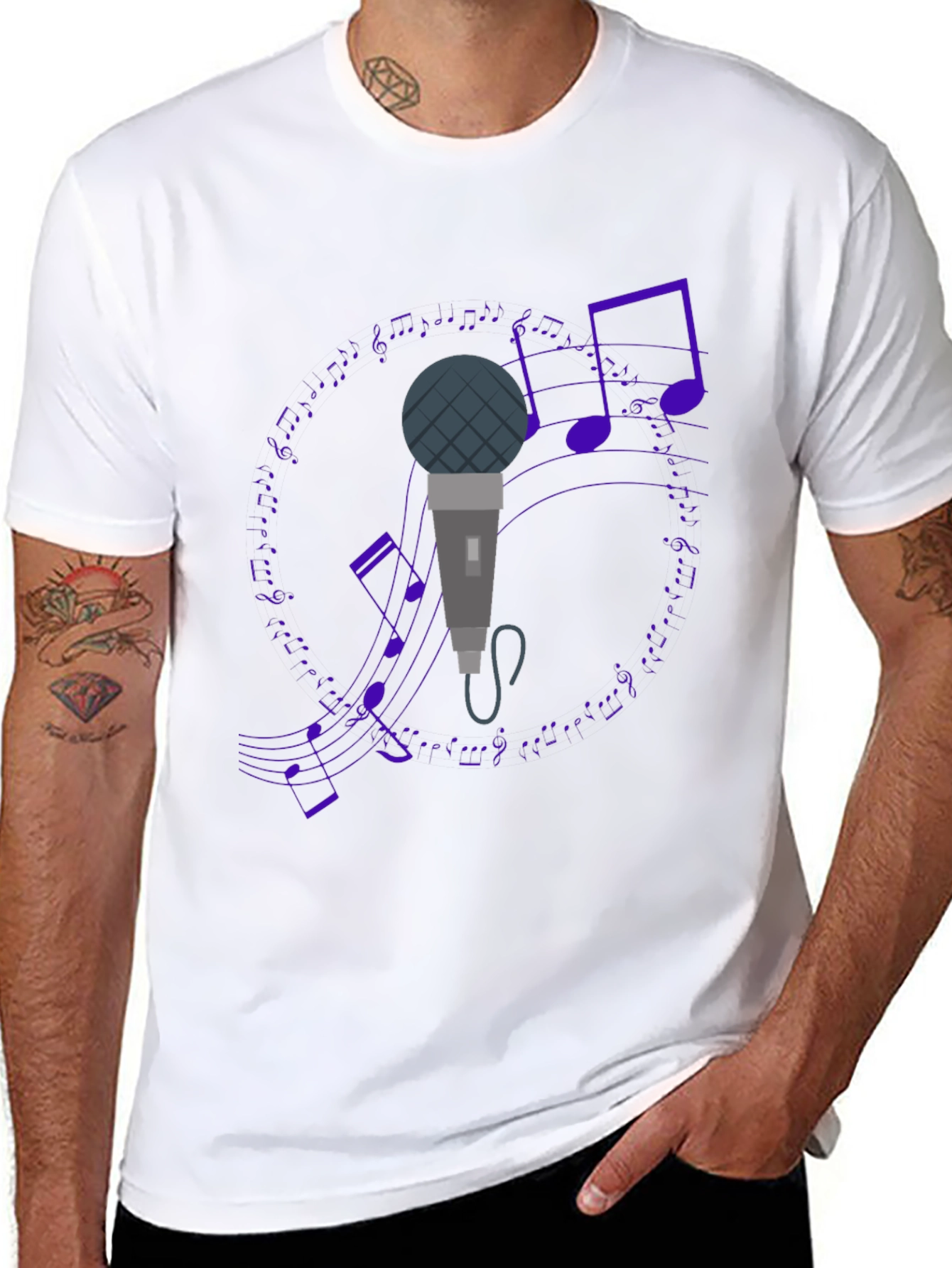 Microphone and Music Notes Black T-Shirt