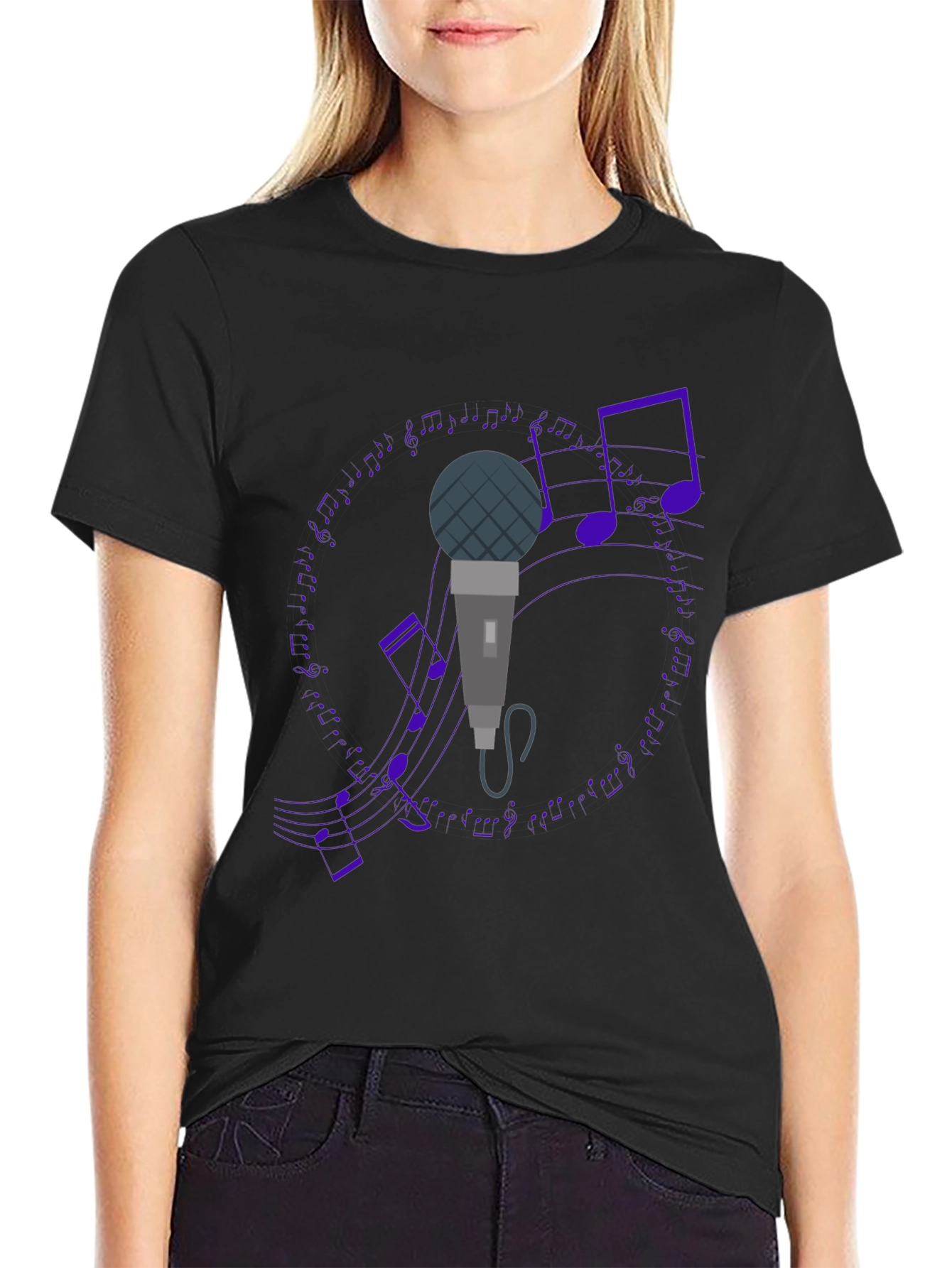 Microphone and Music Notes Black T-Shirt