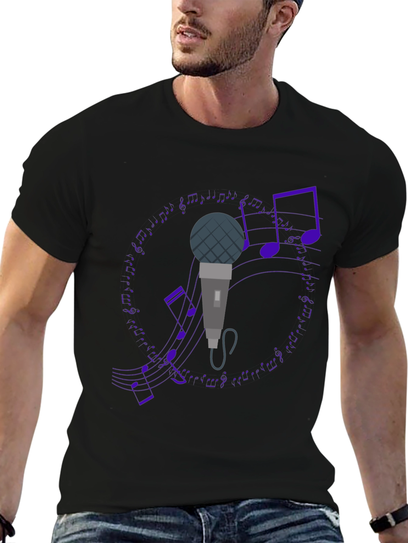Microphone and Music Notes Black T-Shirt