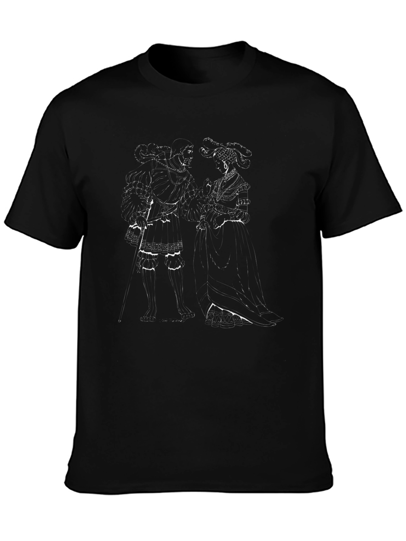 Elegant Black T-Shirt with Historical Couple Design