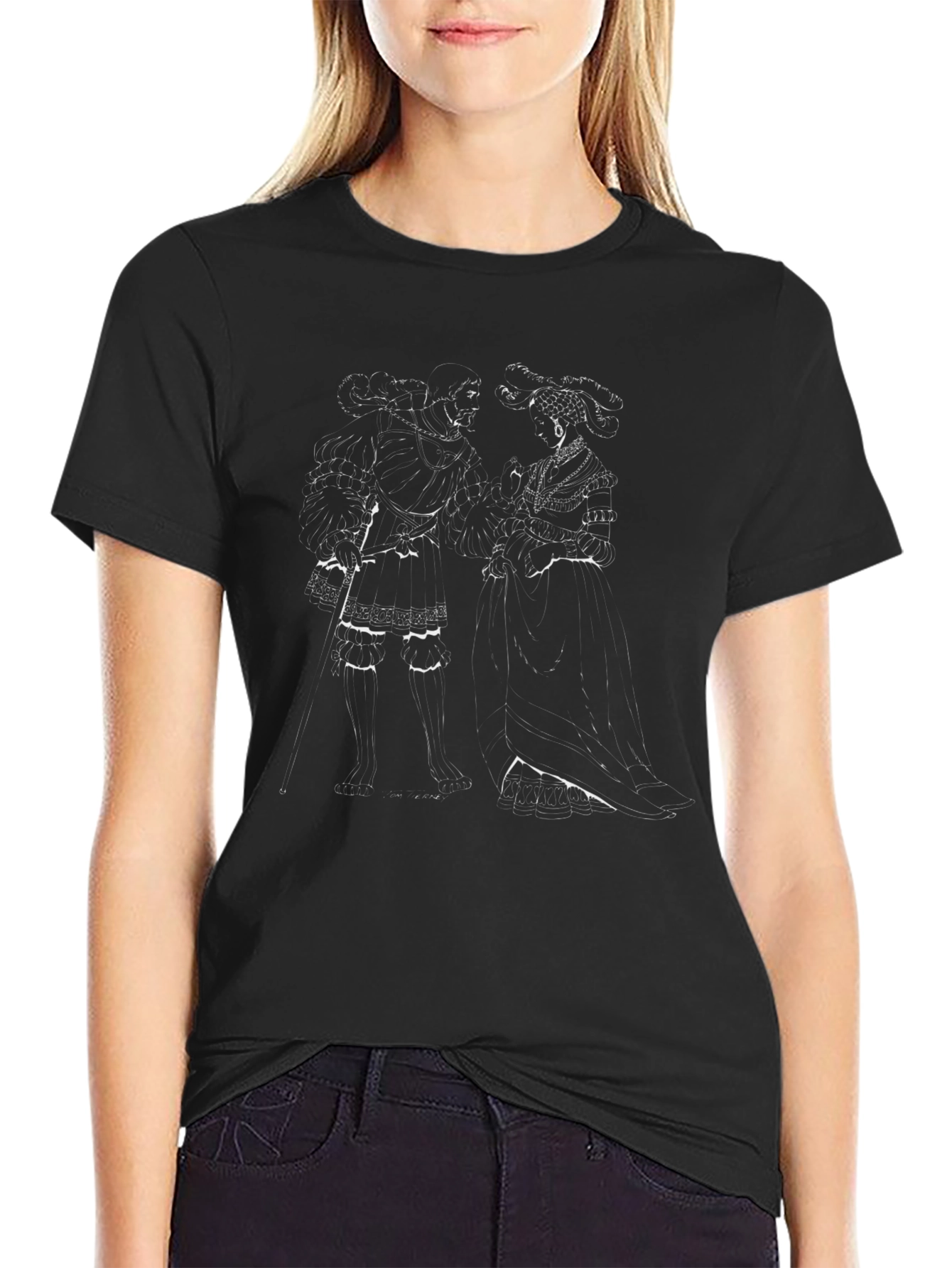 Elegant Black T-Shirt with Historical Couple Design
